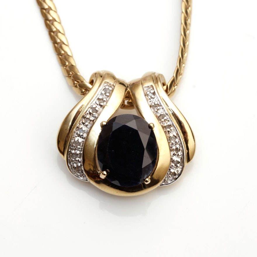 18K Yellow Gold Plate Sapphire and Diamond Necklace