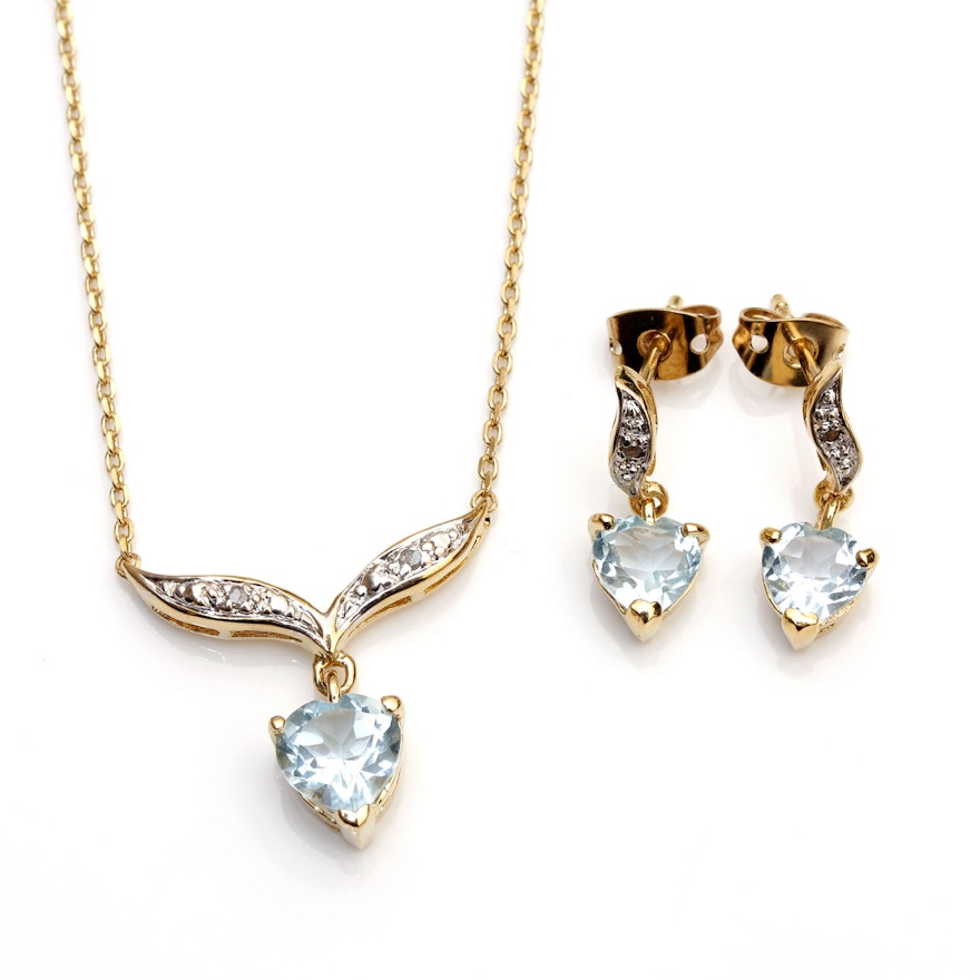 18K Yellow Gold Plate Blue Topaz and Diamond Necklace and Earring Set
