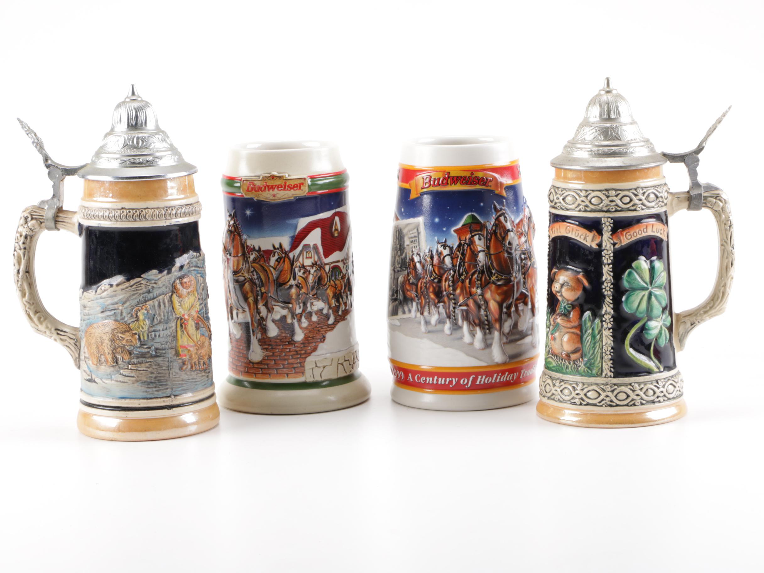 Collection of "Budweiser" Beer Mugs and German Beer Steins