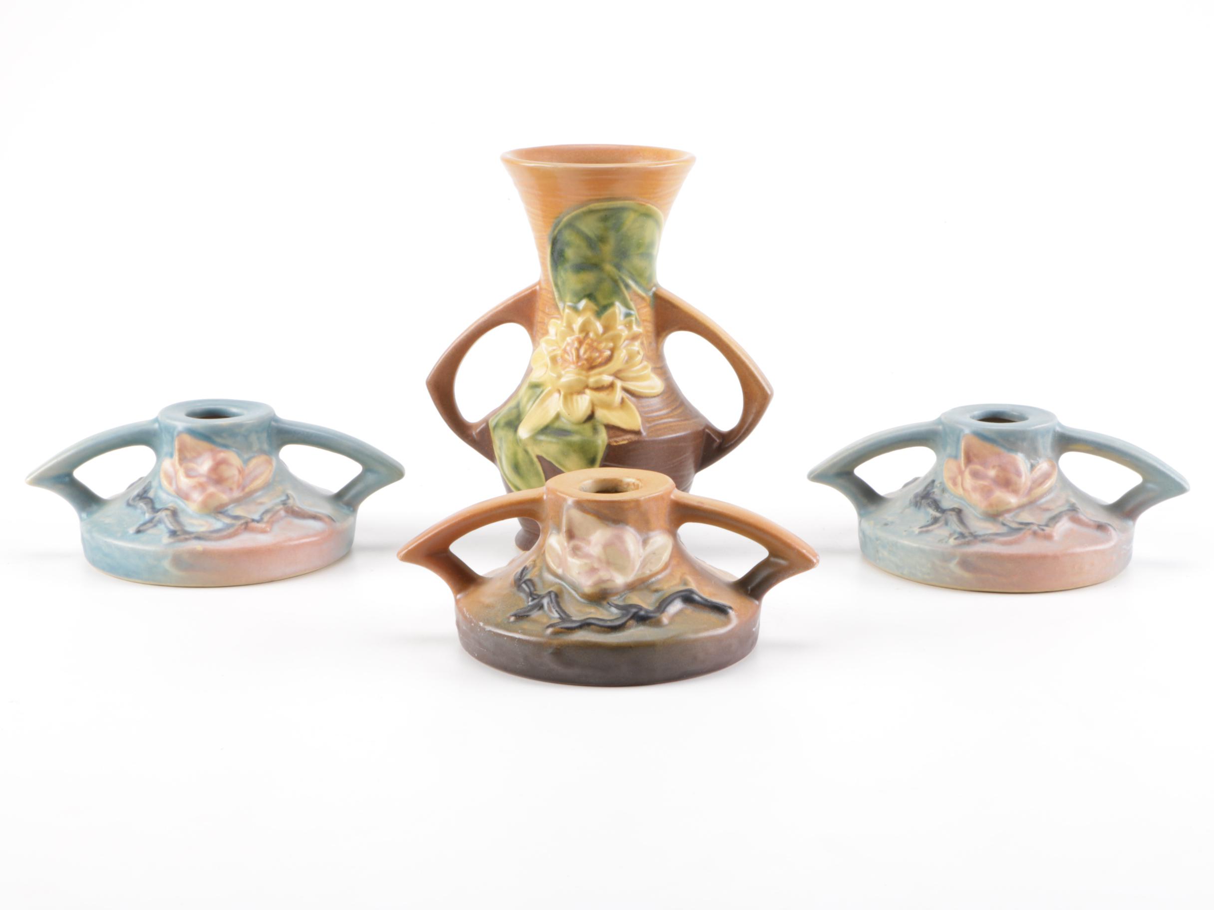 Roseville Pottery "Water Lily" Vase and "Magnolia" Candle Holders
