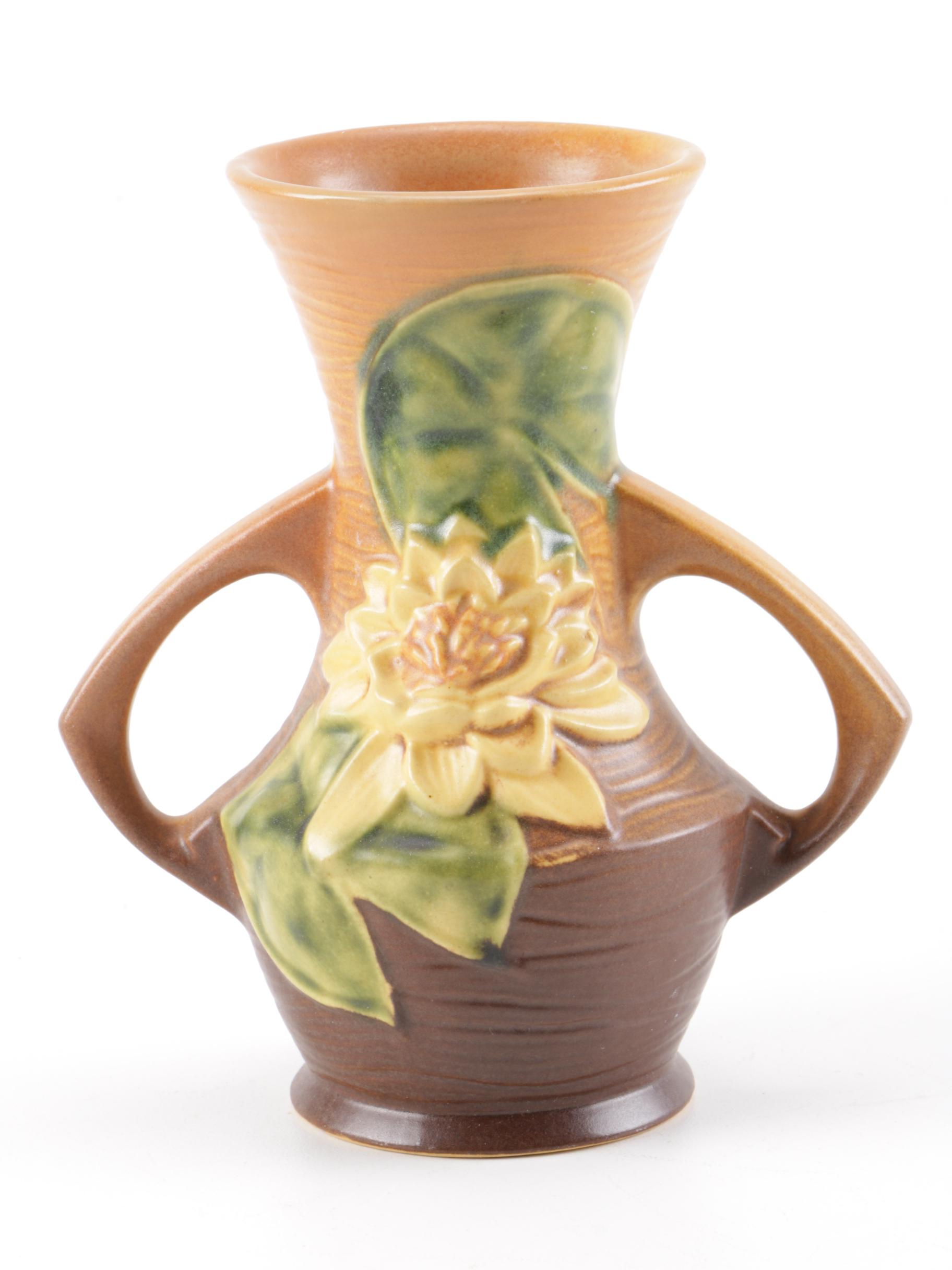 Roseville Pottery "Water Lily" Vase and "Magnolia" Candle Holders