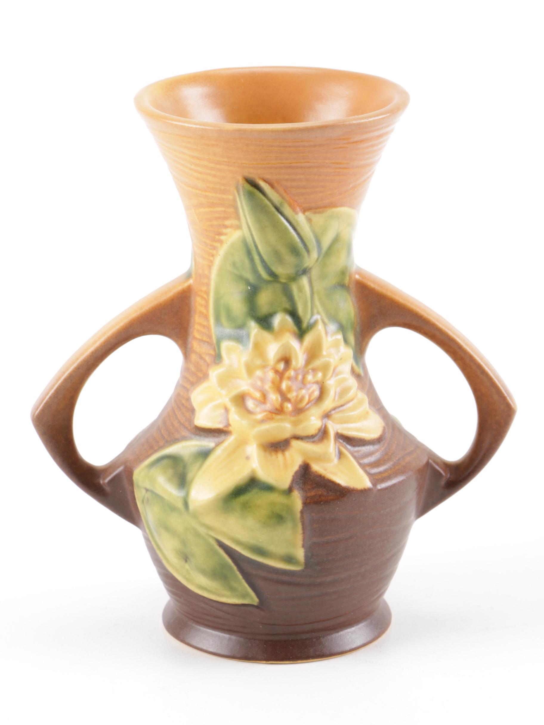 Roseville Pottery "Water Lily" Vase and "Magnolia" Candle Holders