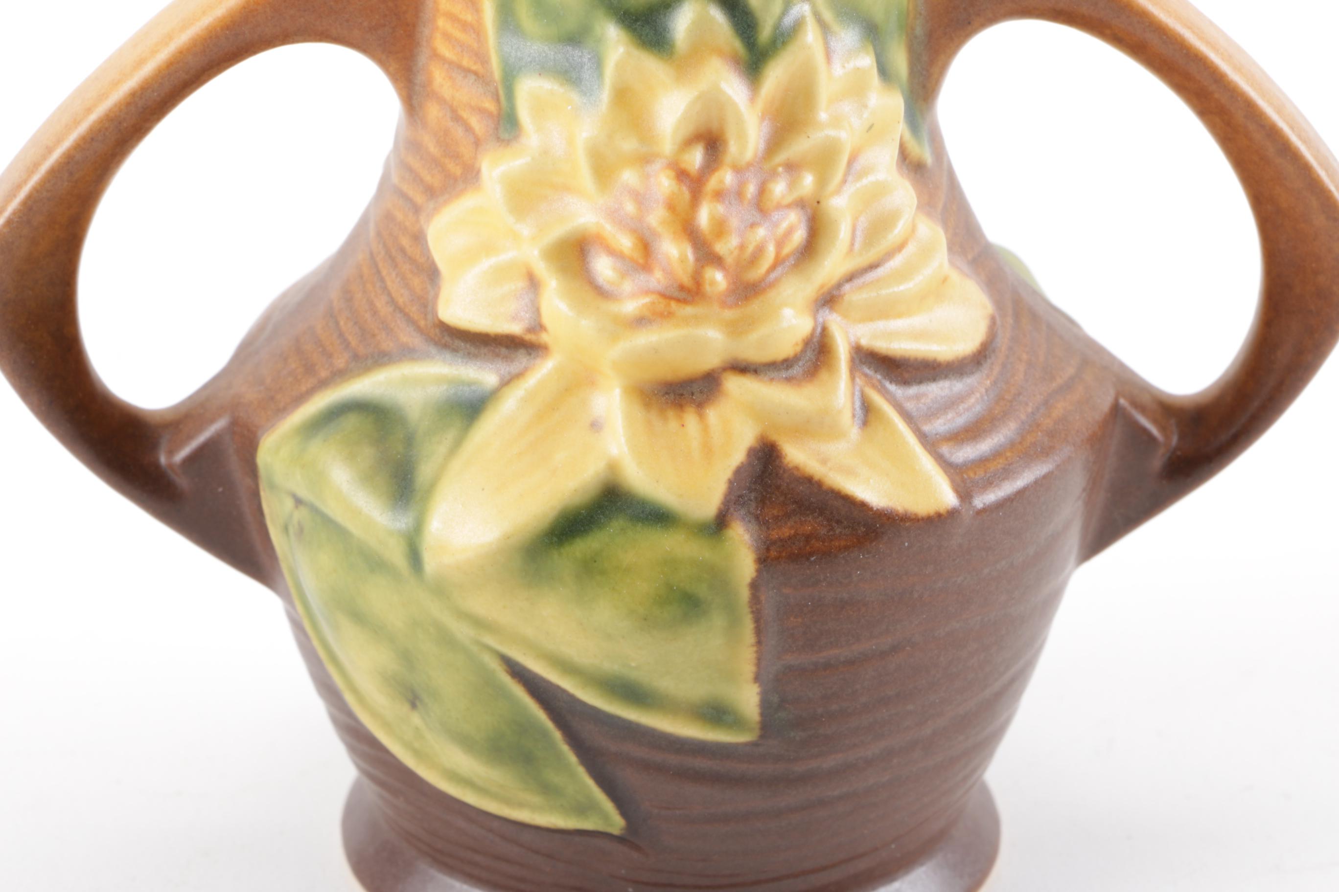 Roseville Pottery "Water Lily" Vase and "Magnolia" Candle Holders