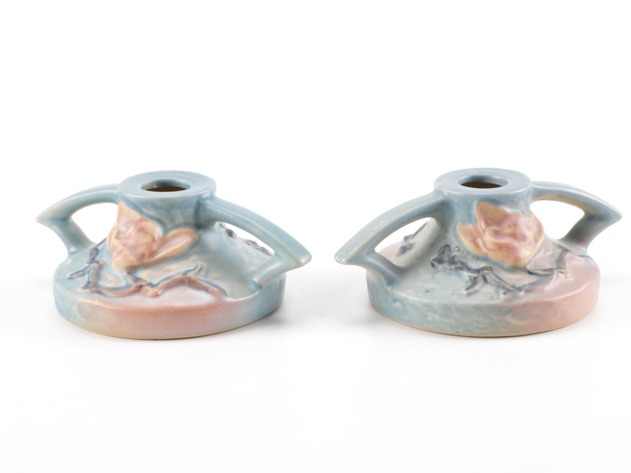 Roseville Pottery "Water Lily" Vase and "Magnolia" Candle Holders