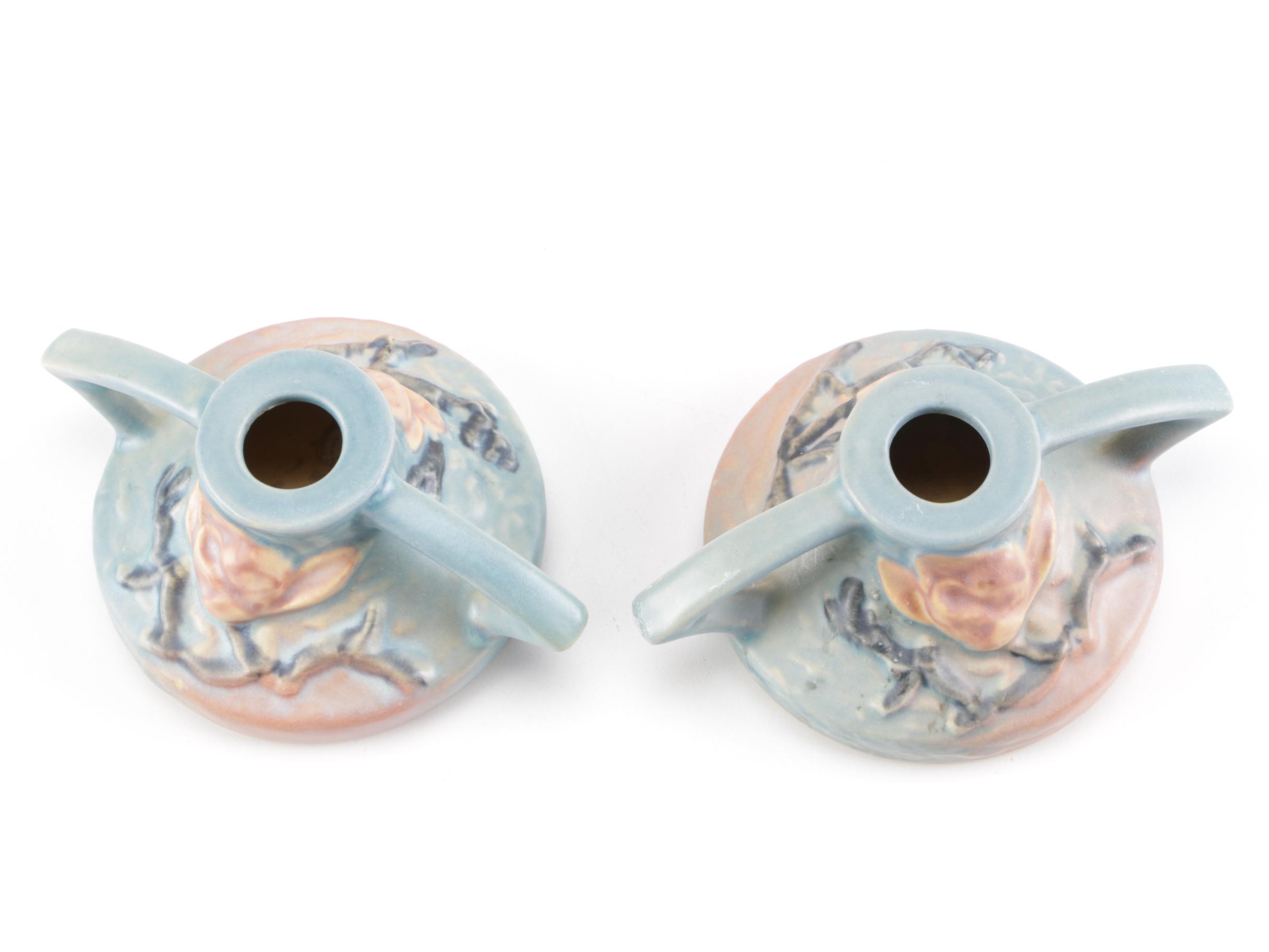 Roseville Pottery "Water Lily" Vase and "Magnolia" Candle Holders