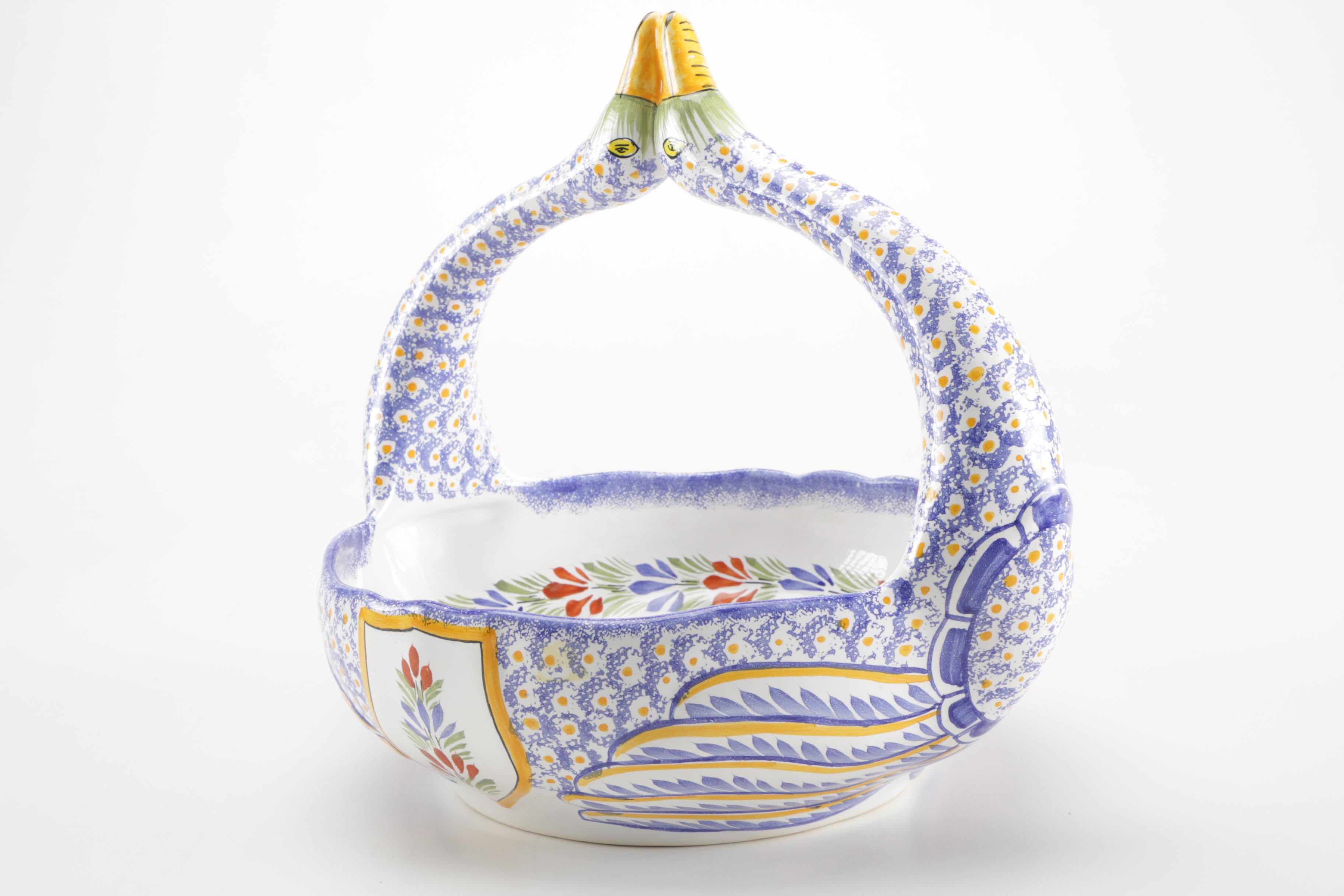 Late 20th Century Henriot Quimper Swan Basket