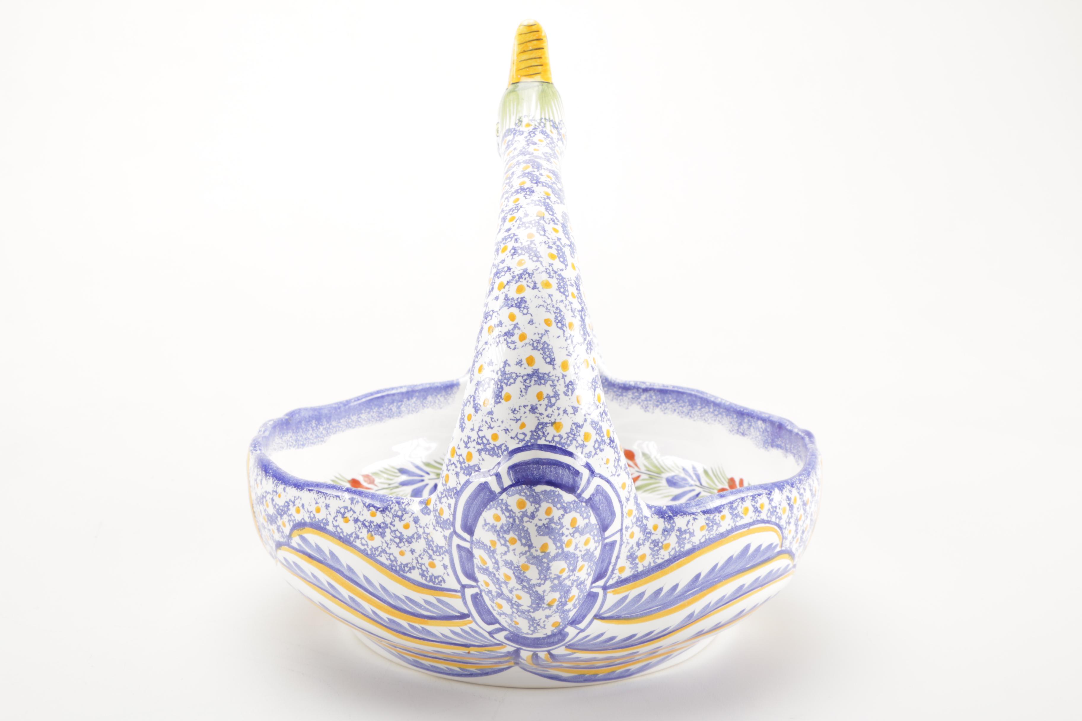 Late 20th Century Henriot Quimper Swan Basket