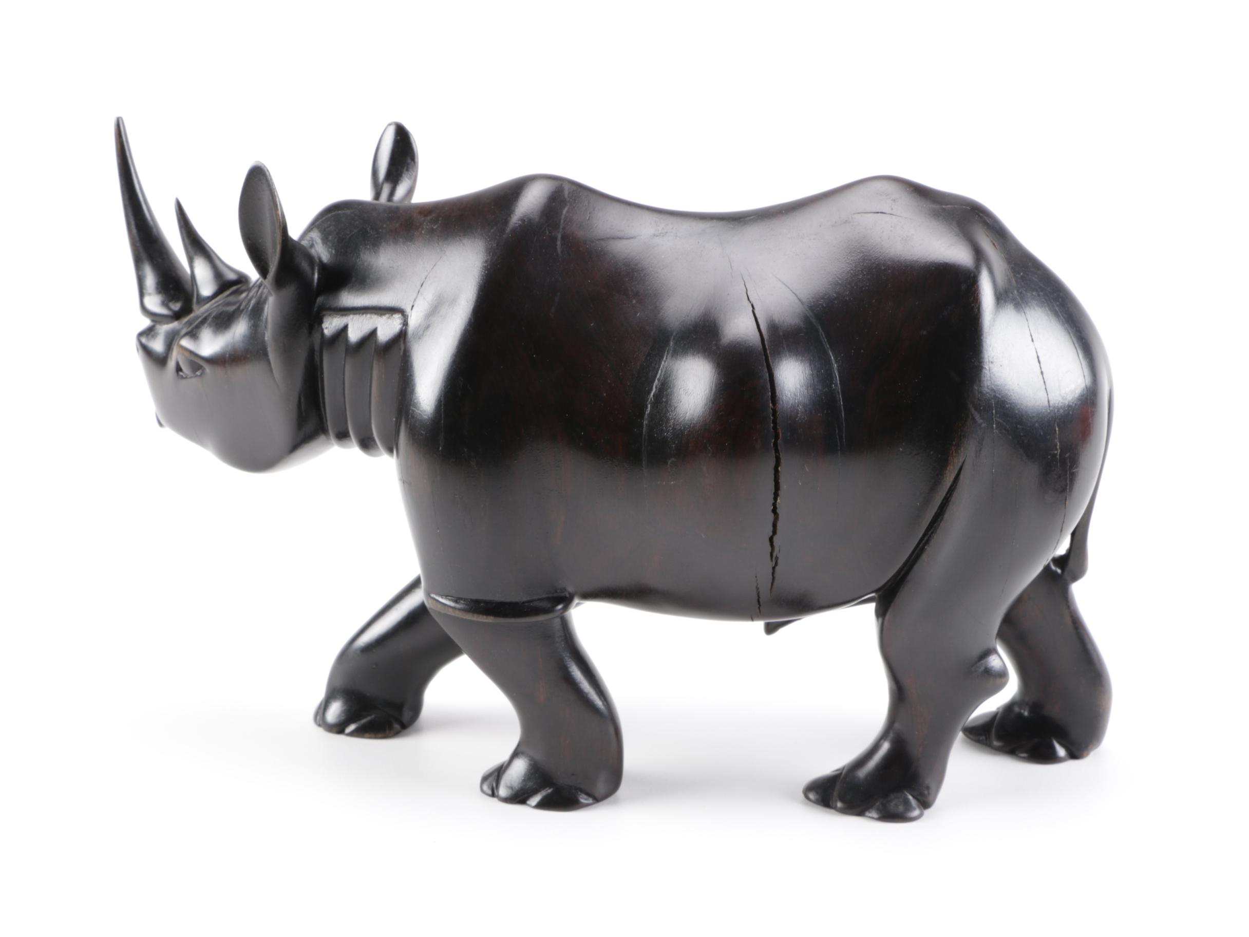 Wooden Rhino and Hippo Figurines