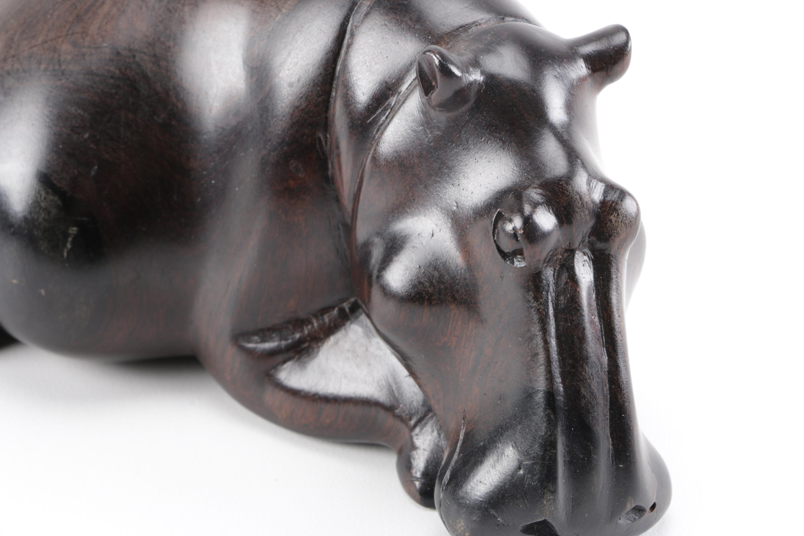 Wooden Rhino and Hippo Figurines