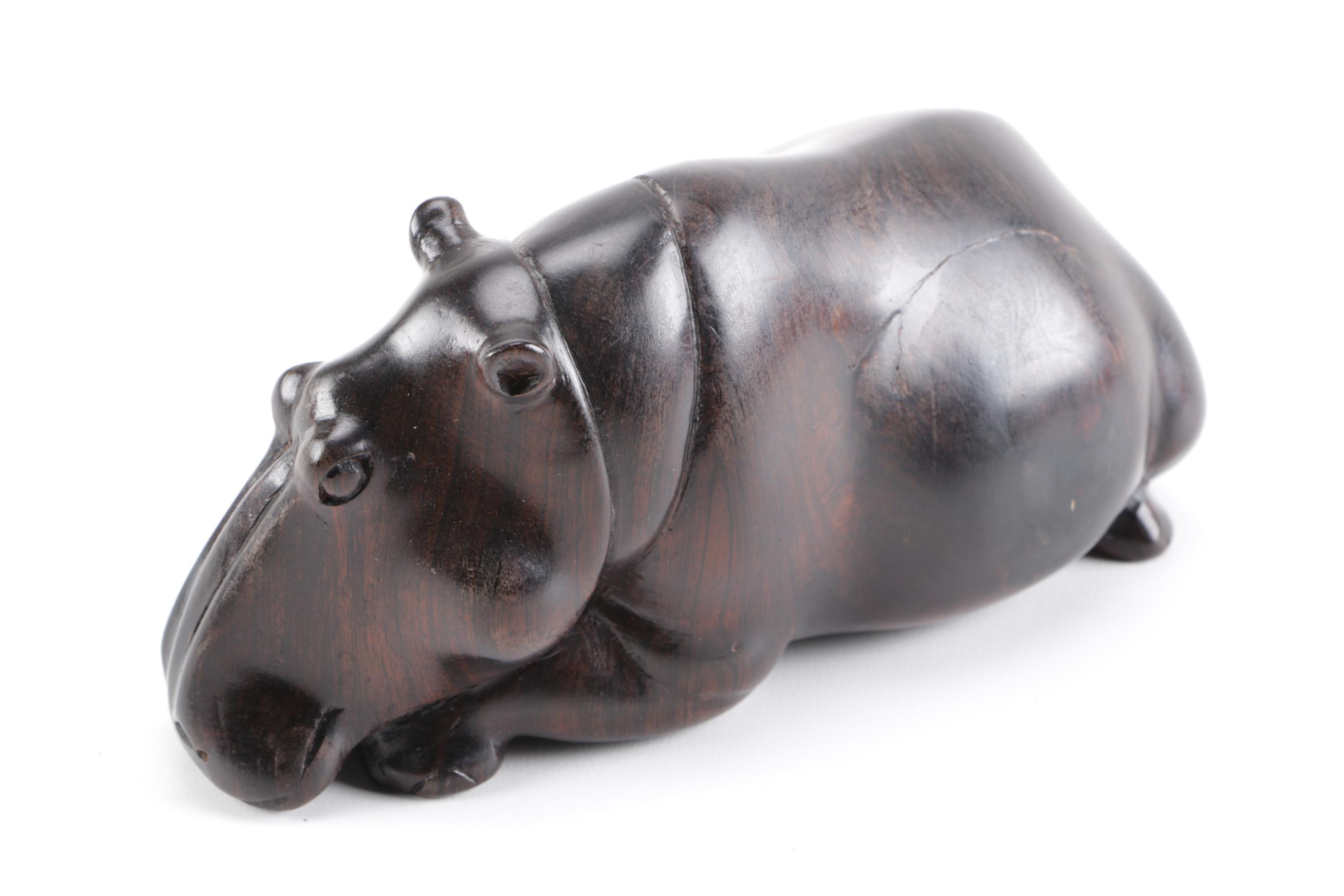 Wooden Rhino and Hippo Figurines