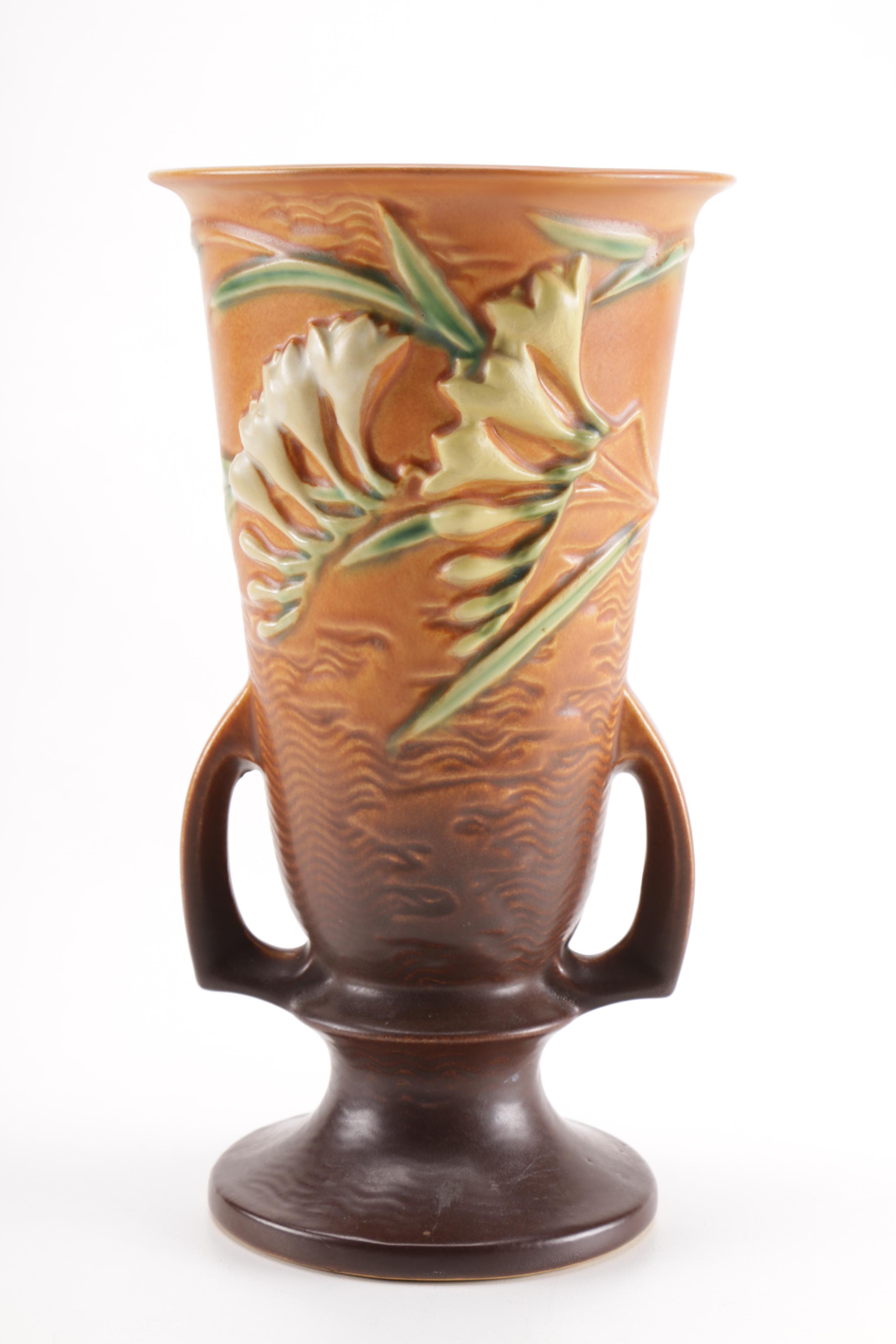 Roseville "Freesia Tangerine" Handled Vase