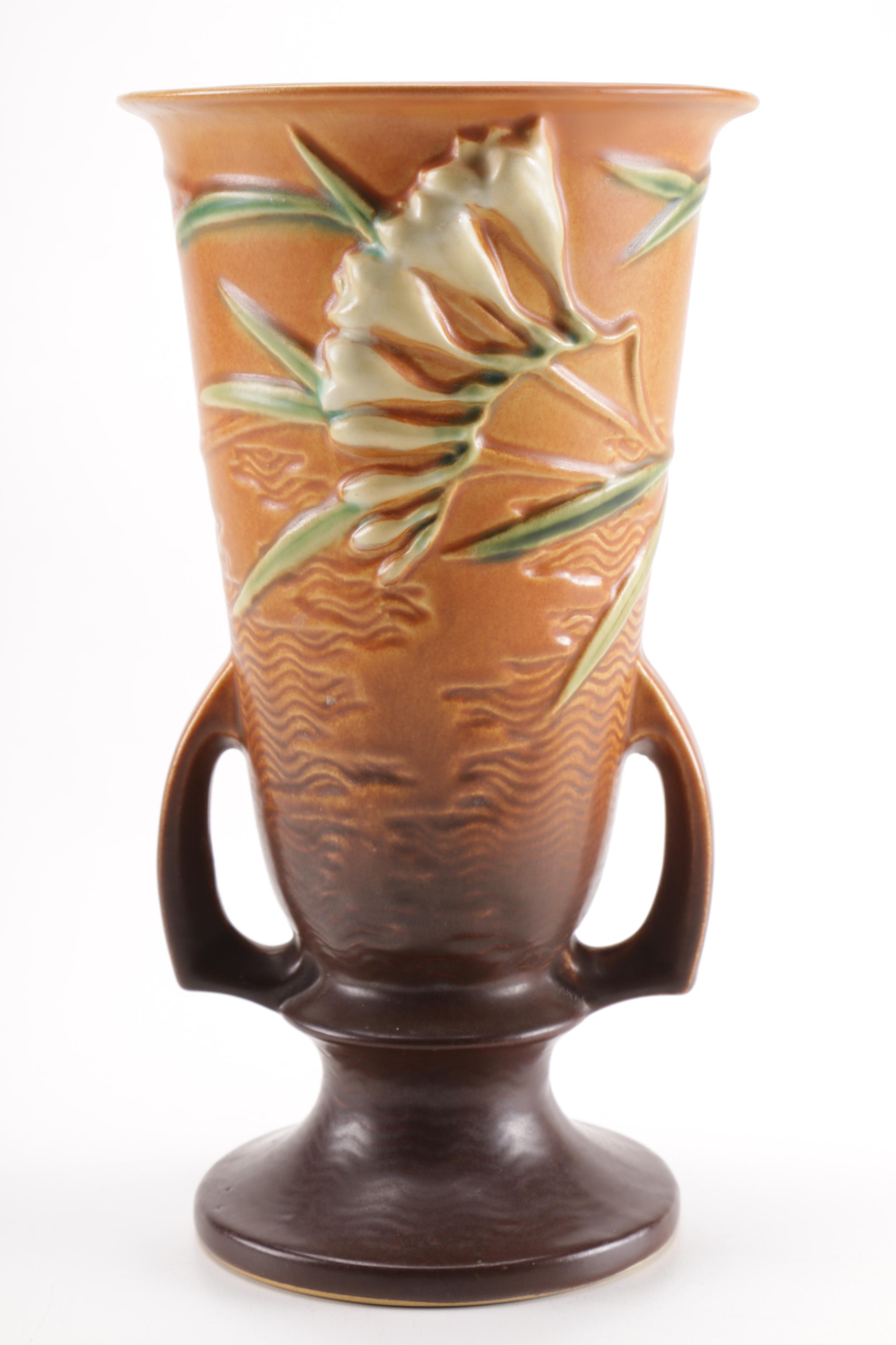 Roseville "Freesia Tangerine" Handled Vase