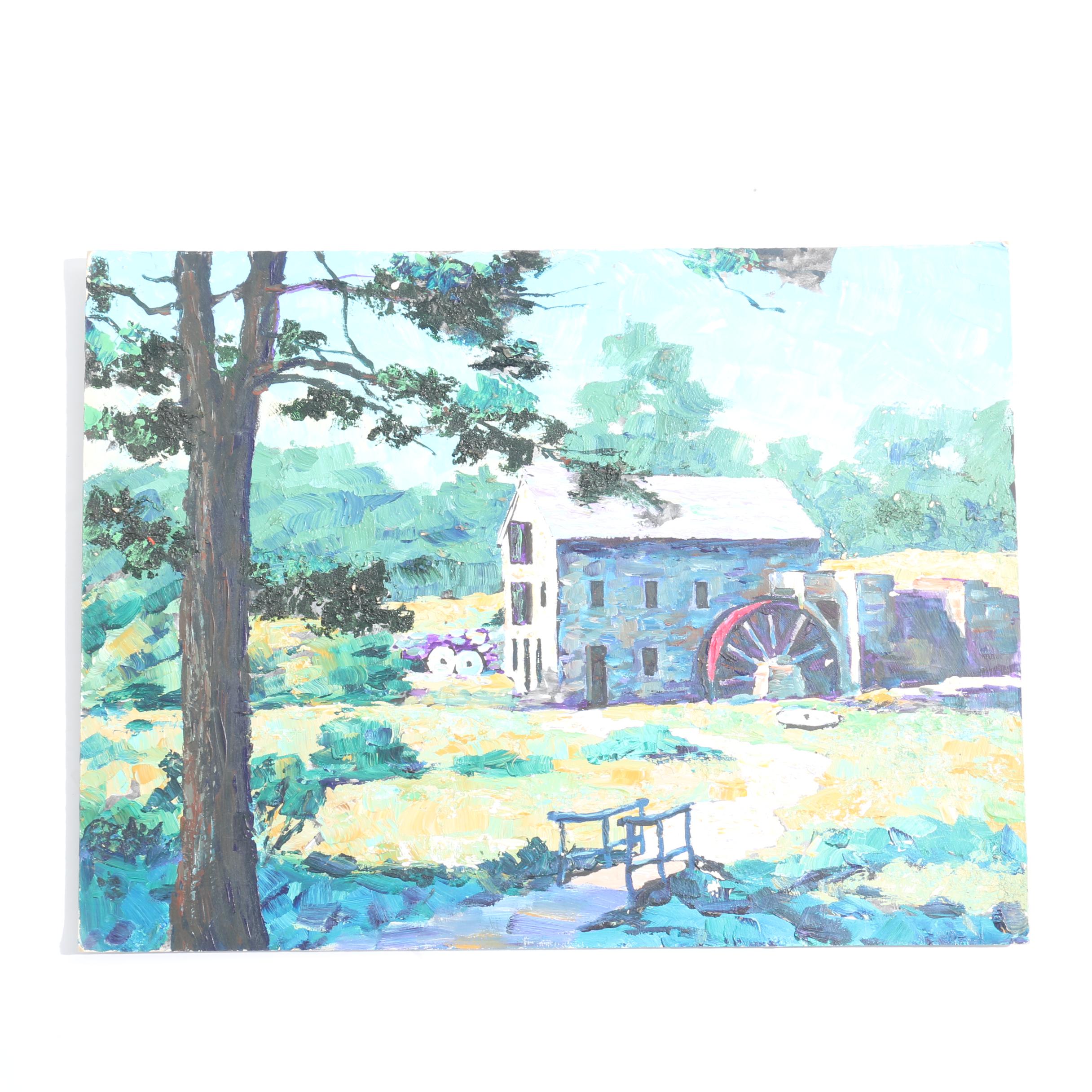 Attributed to Lucian Lupinski Oil Painting of a Water Mill