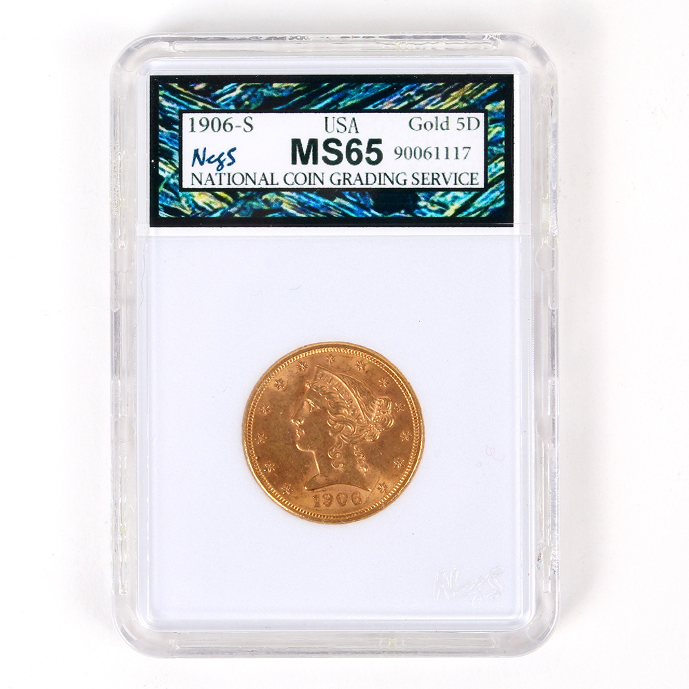 NCGS MS65 Graded 1906-S Coronet Head Gold Five Dollar Coin with Motto