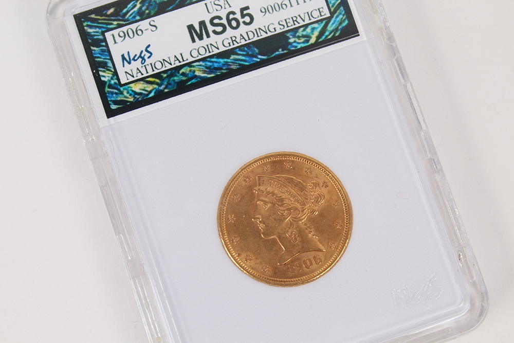 NCGS MS65 Graded 1906-S Coronet Head Gold Five Dollar Coin with Motto