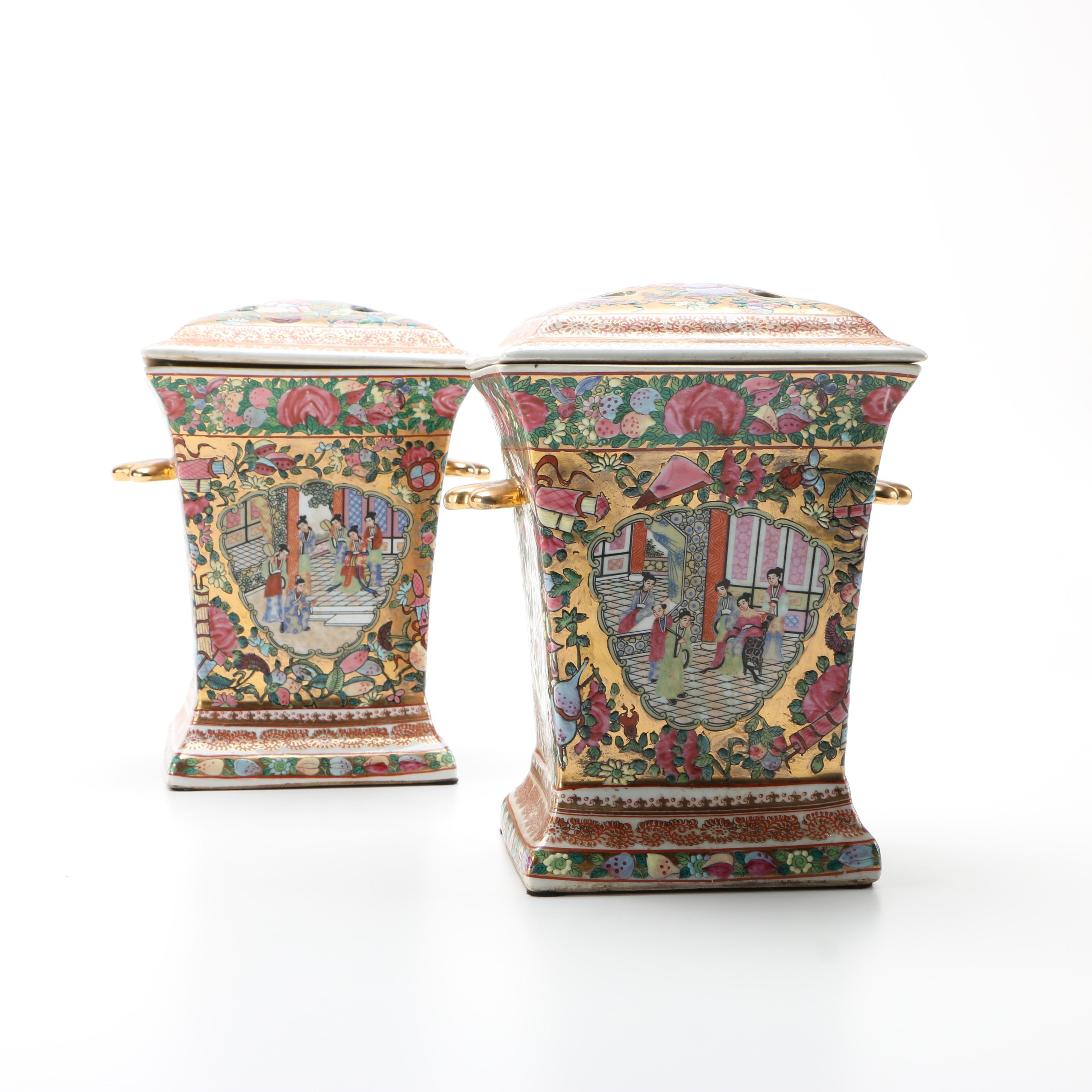 Circa 1960s Chinese Rose Medallion Style Porcelain Bough Pots