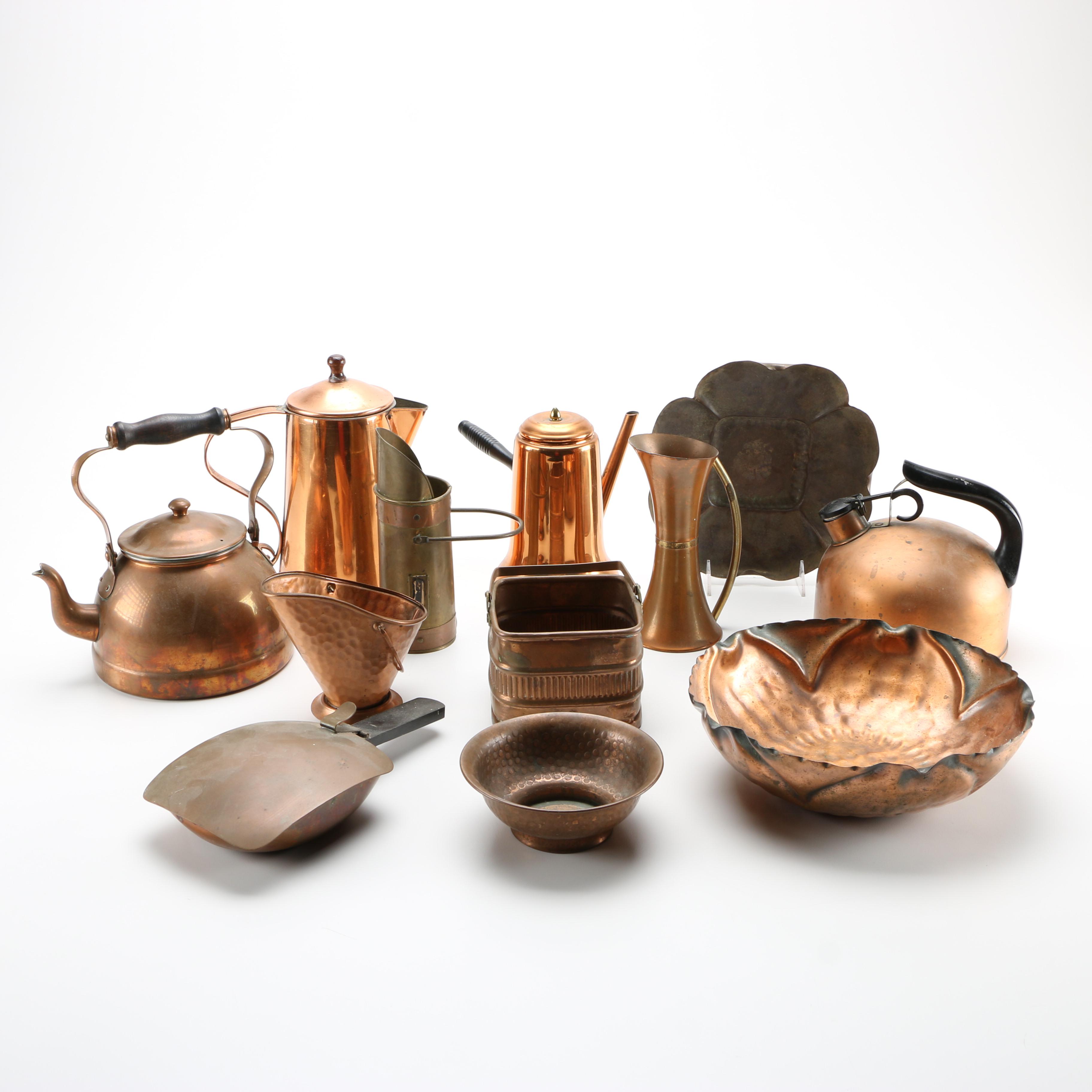 Collection of Copper and Copper Plate Tableware Featuring Paul Revere