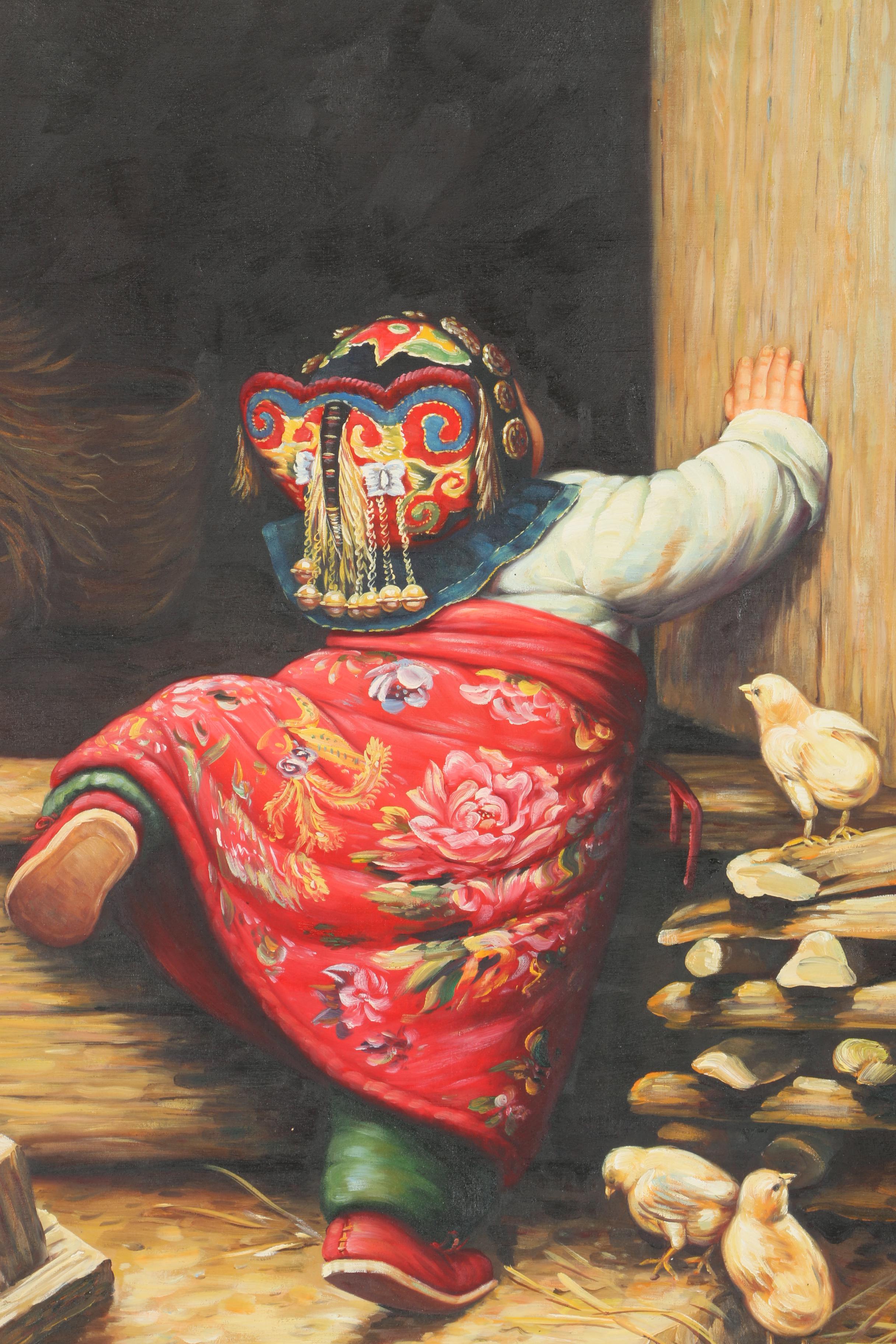 Oil on Canvas Painting of a Child With Chickens