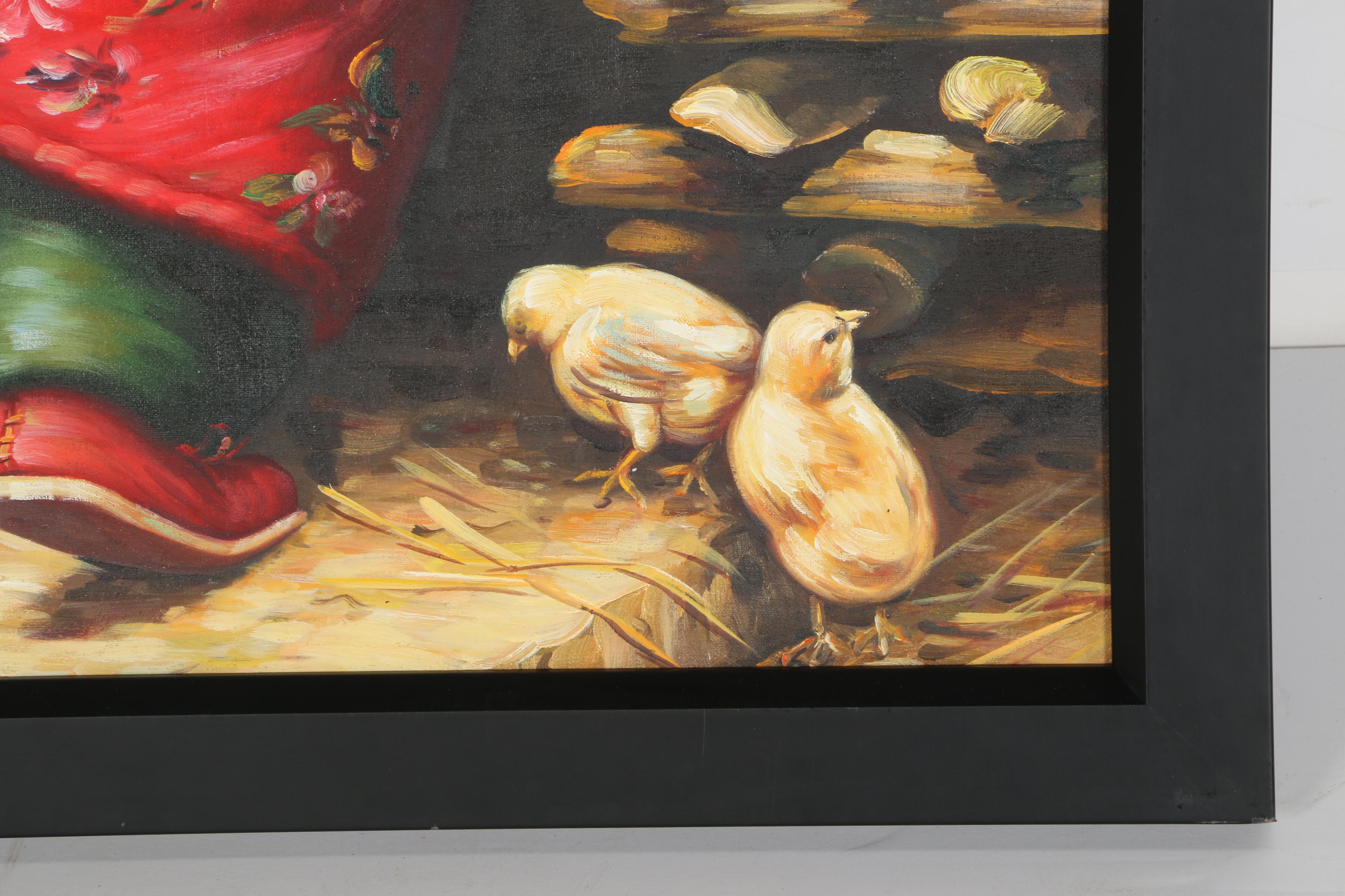 Oil on Canvas Painting of a Child With Chickens