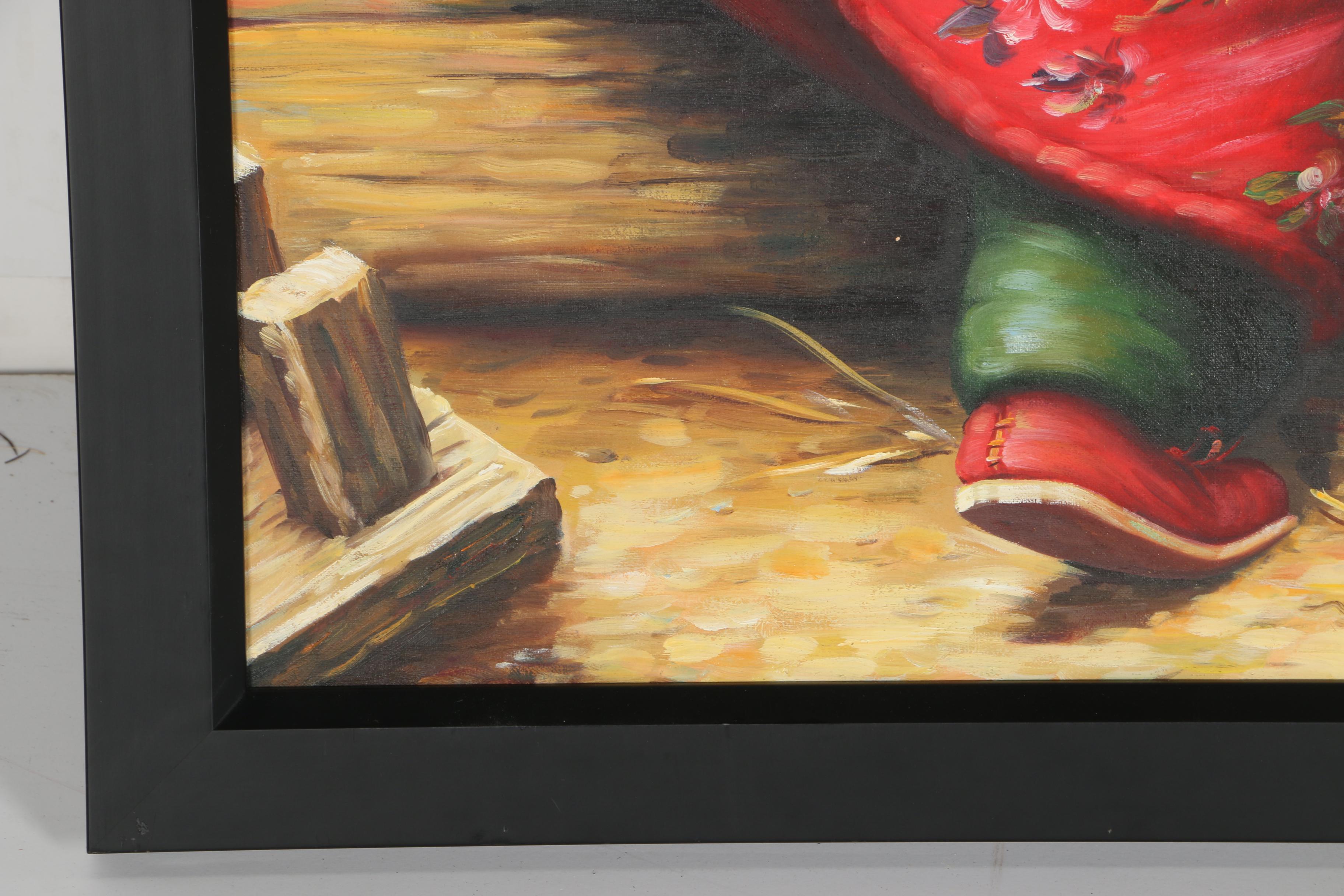 Oil on Canvas Painting of a Child With Chickens