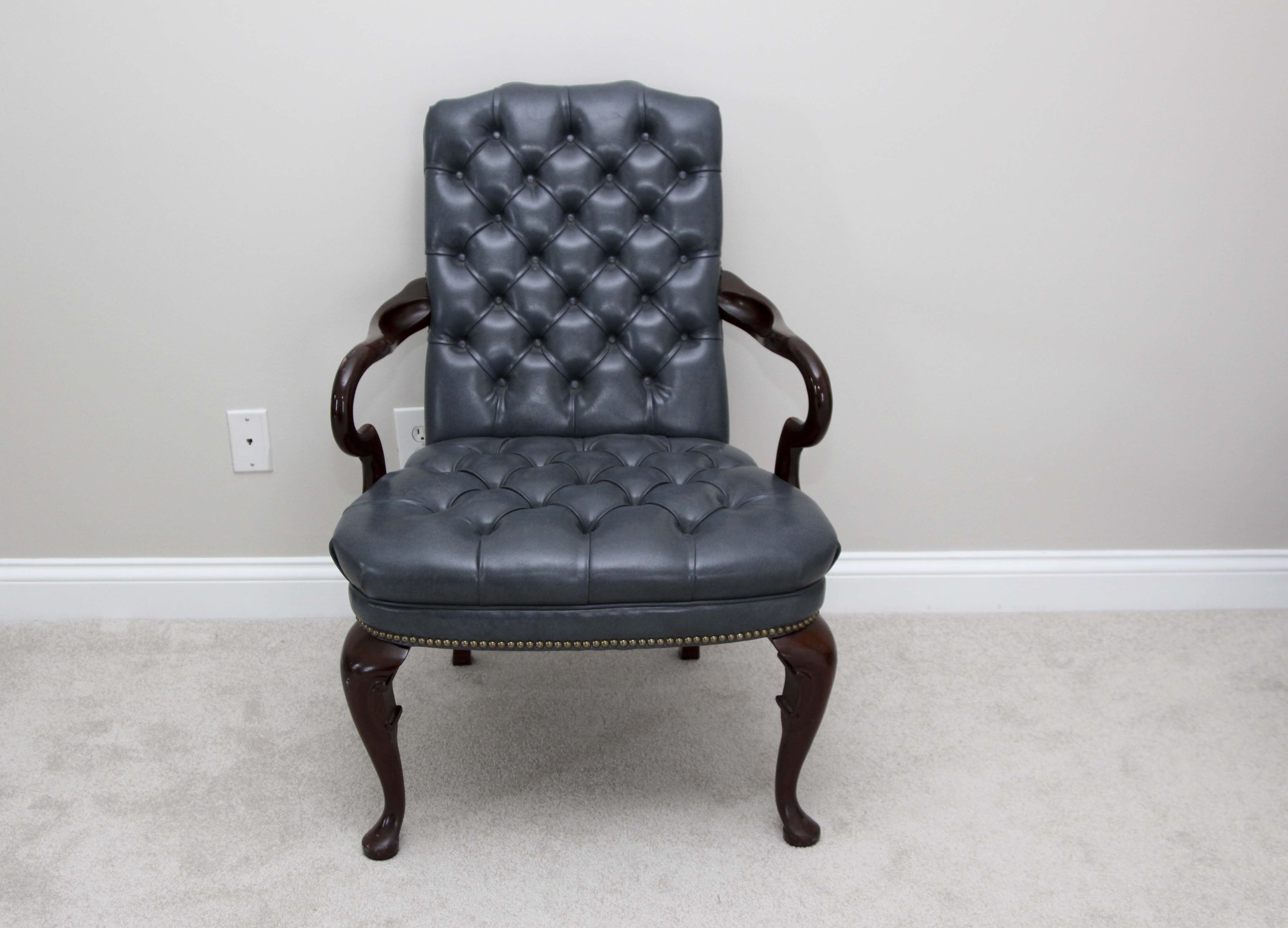 A Pair of Steel Blue Upholstered Tufted Armchairs