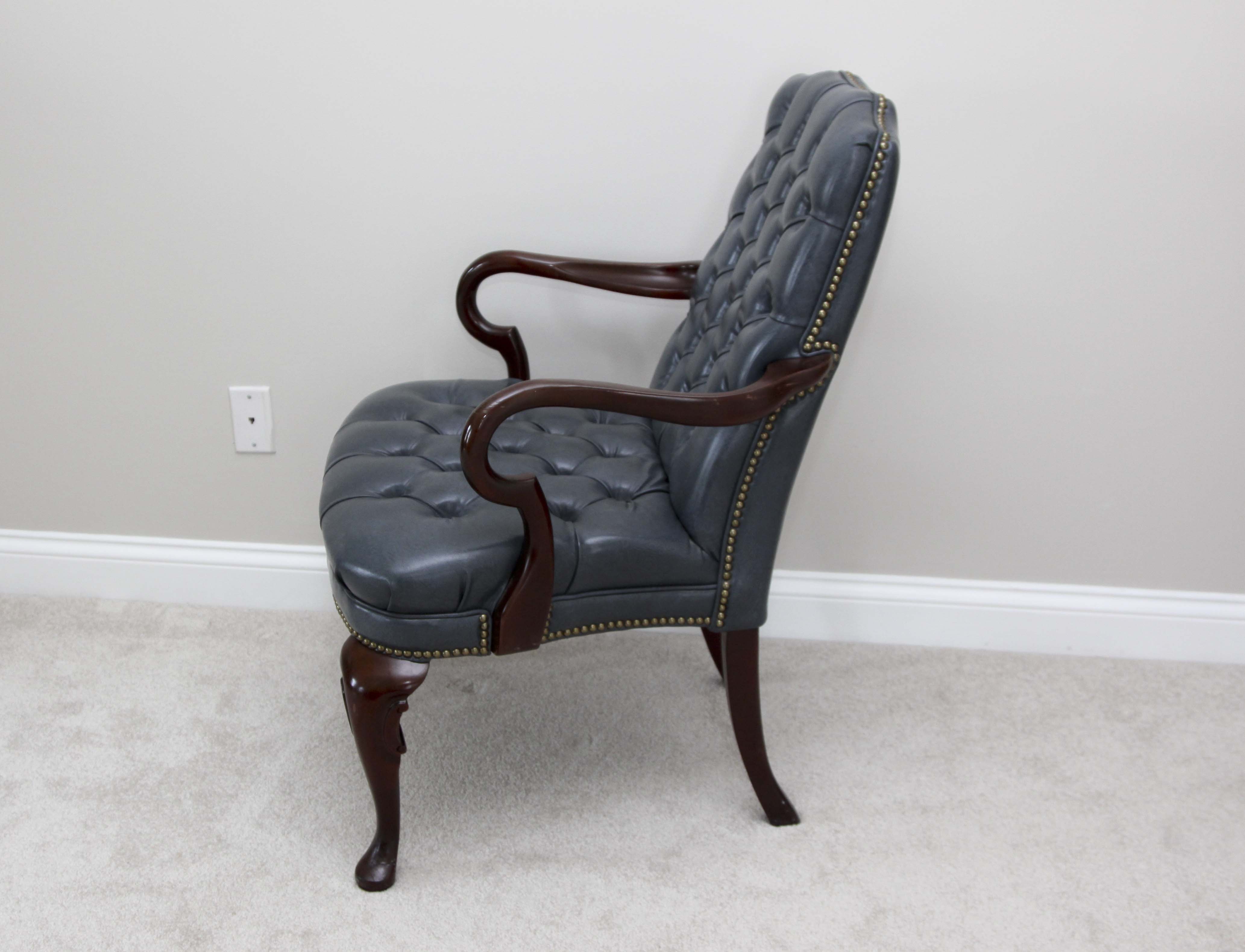 A Pair of Steel Blue Upholstered Tufted Armchairs