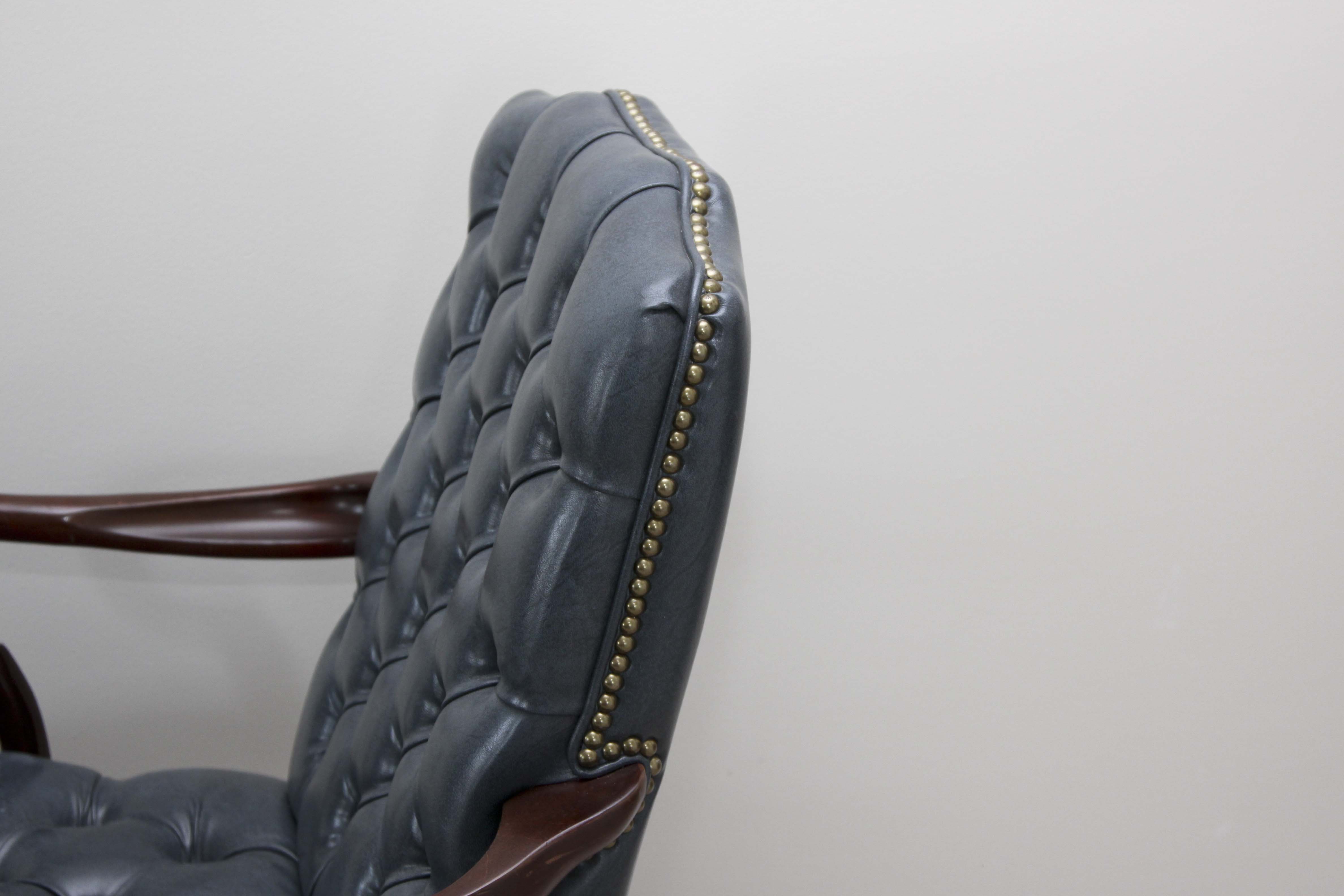 A Pair of Steel Blue Upholstered Tufted Armchairs