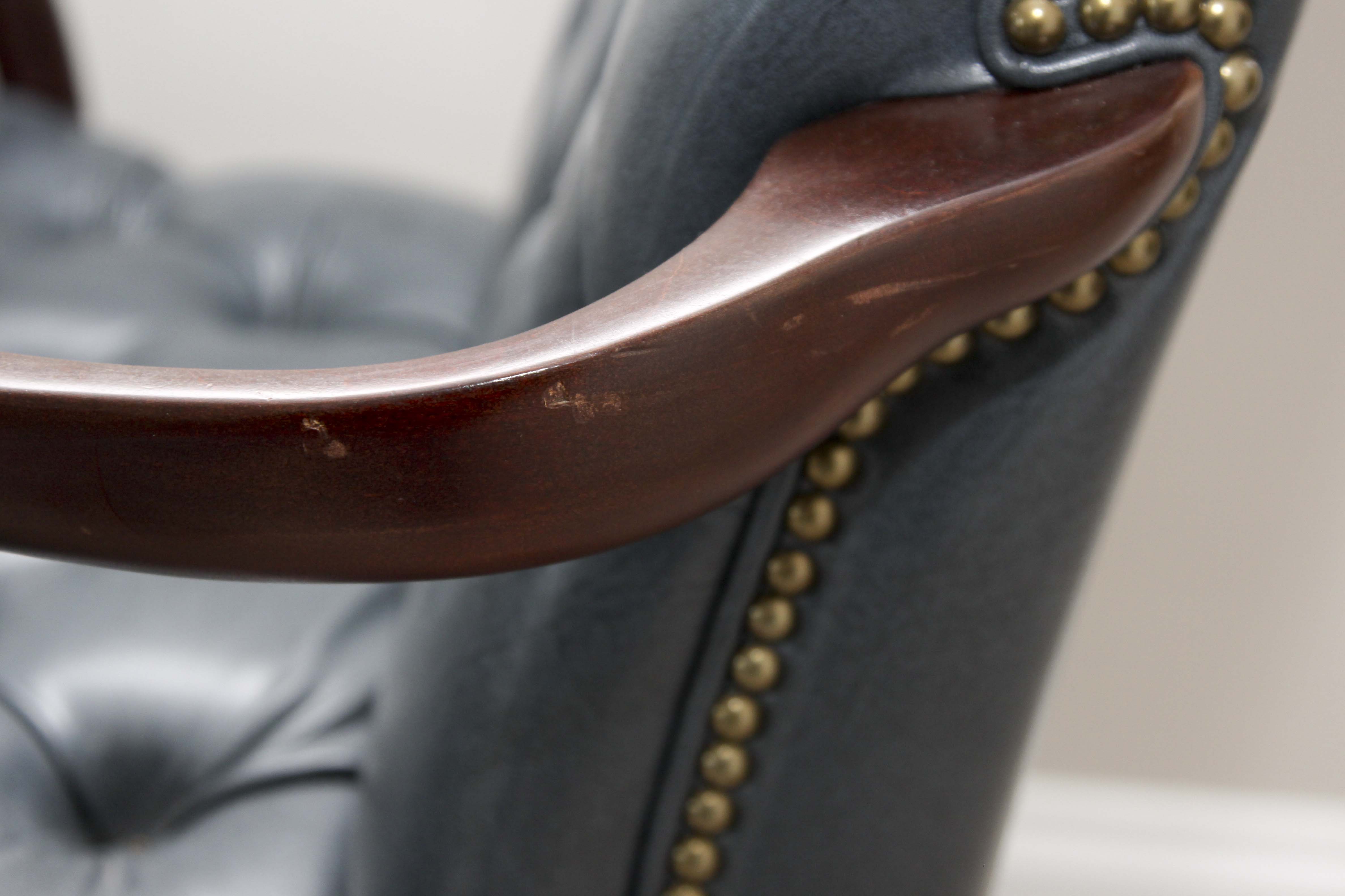 A Pair of Steel Blue Upholstered Tufted Armchairs