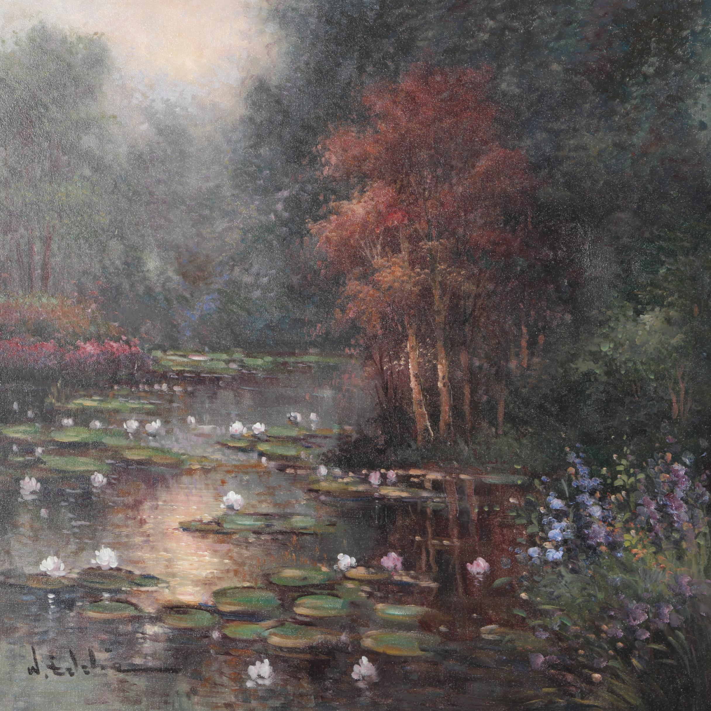 W. Eddie Oil on Canvas of Pond with Lily Pads and Trees