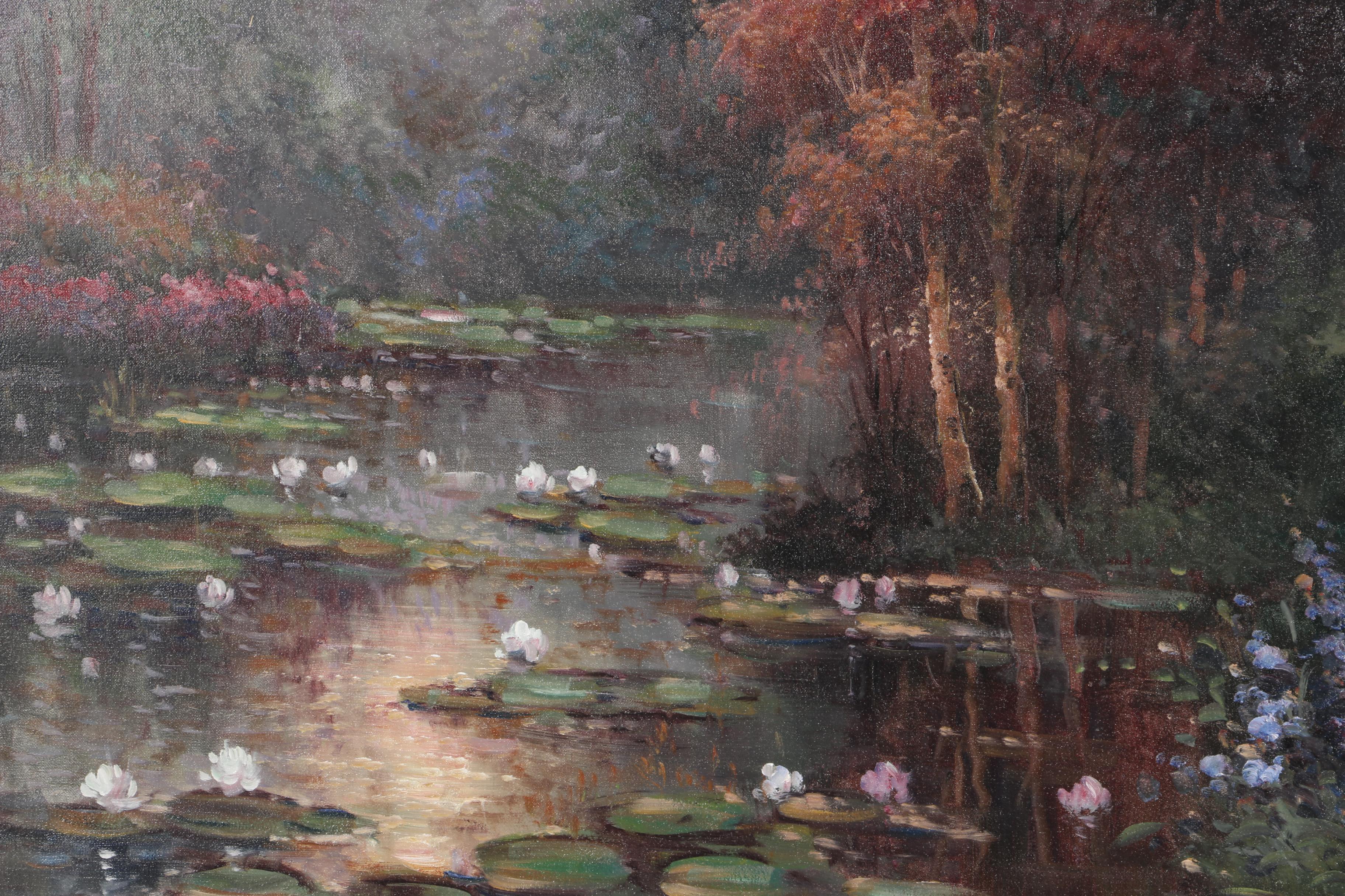 W. Eddie Oil on Canvas of Pond with Lily Pads and Trees