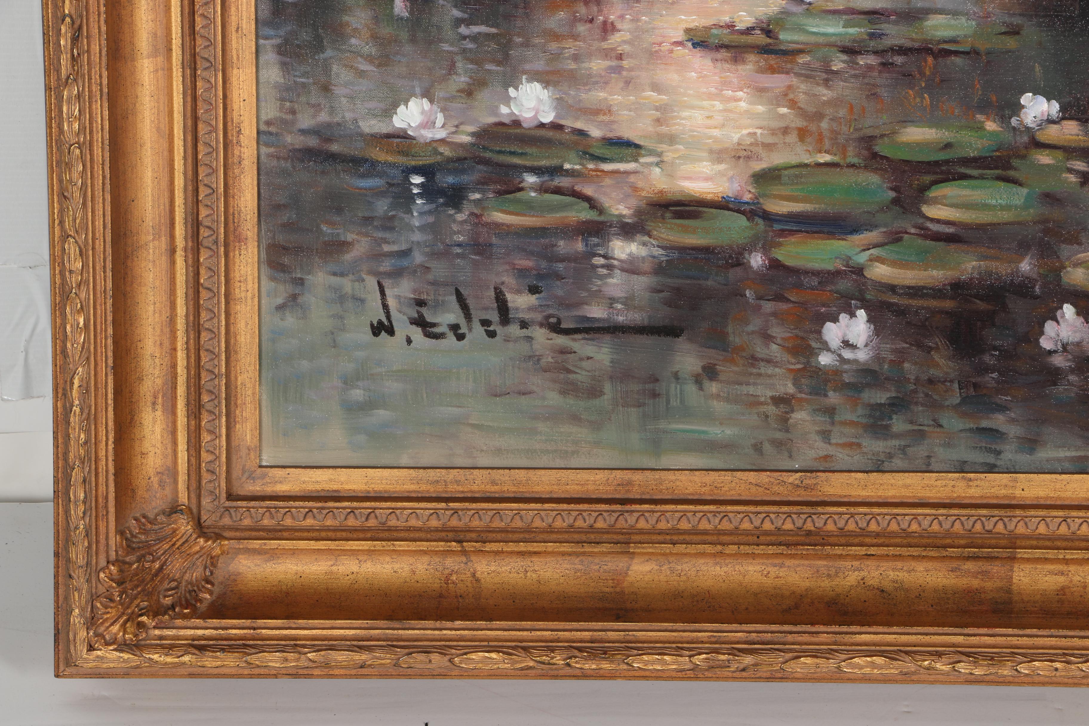 W. Eddie Oil on Canvas of Pond with Lily Pads and Trees