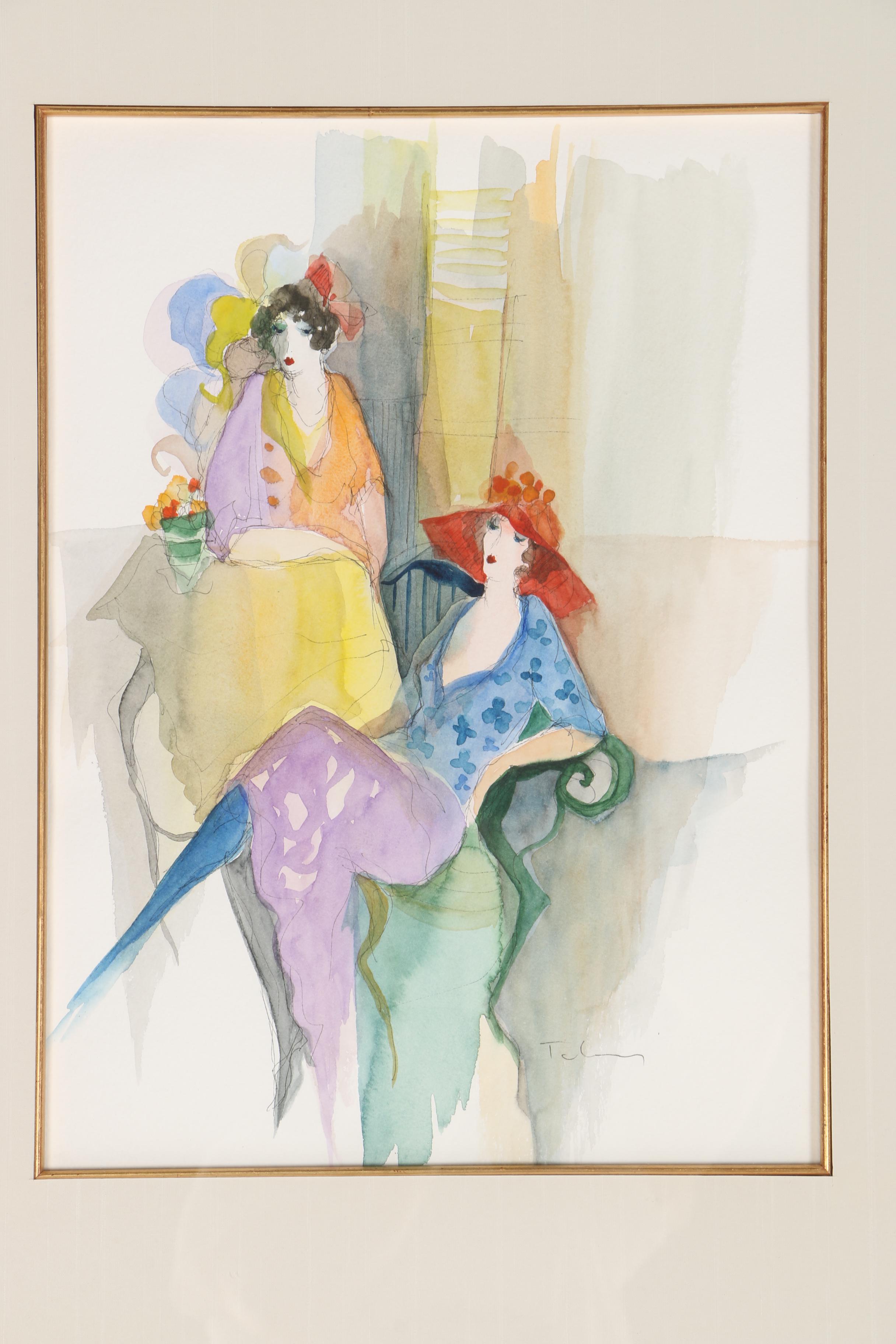 Itzchak Tarkay Watercolor Painting on Paper "Duet"