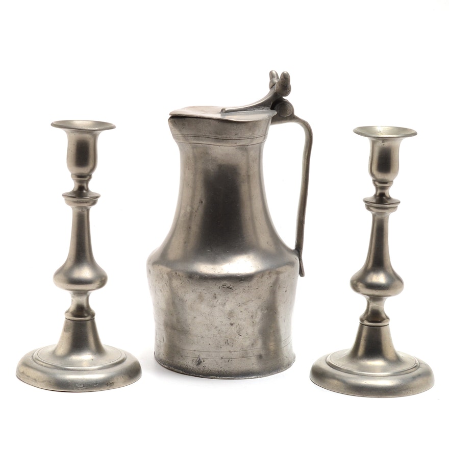 Early Pewter Candlesticks and Covered Pitcher