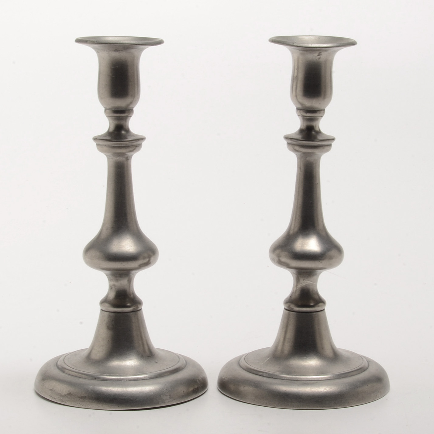 Early Pewter Candlesticks and Covered Pitcher