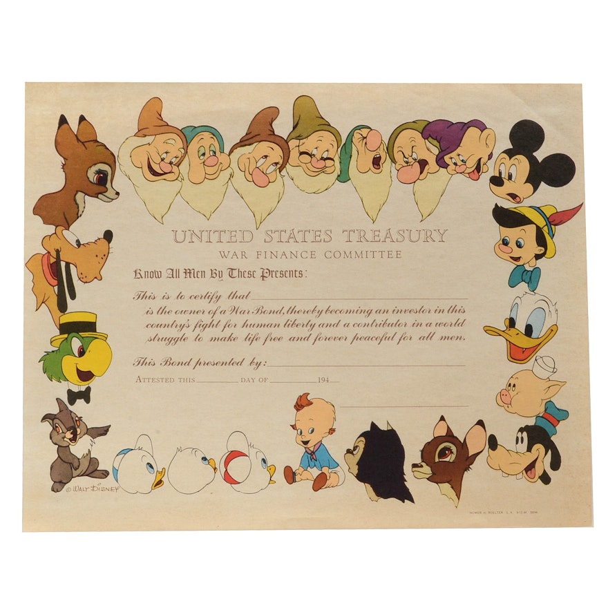 1944 Disney War Bond Certificate