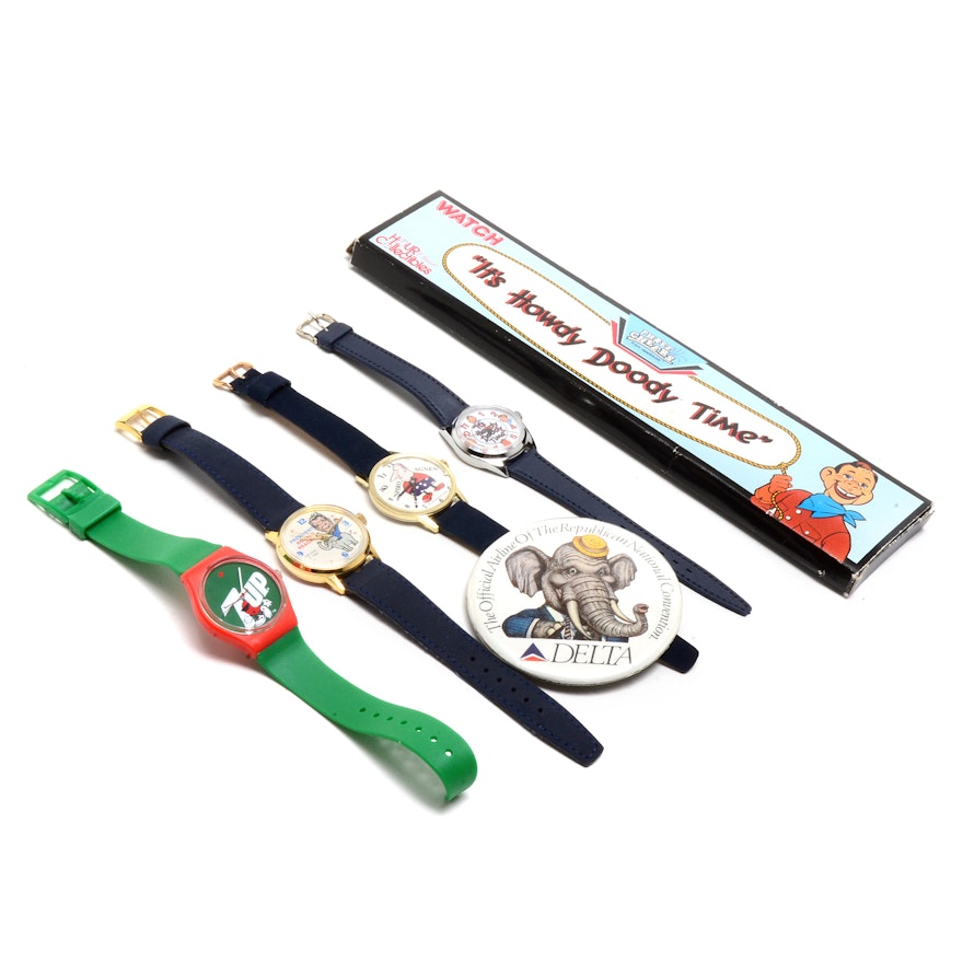 Collection of Themed Wrist Watches with an Ad Pin