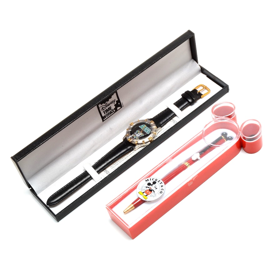 Mickey Mouse Colibri Ballpoint Pen and "Mighty Ducks" Watch
