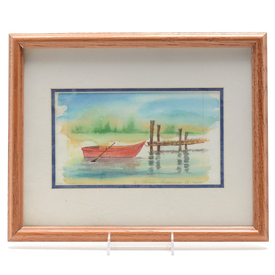 Original 2003 Watercolor Illustration of Lake Scene and Rowboat