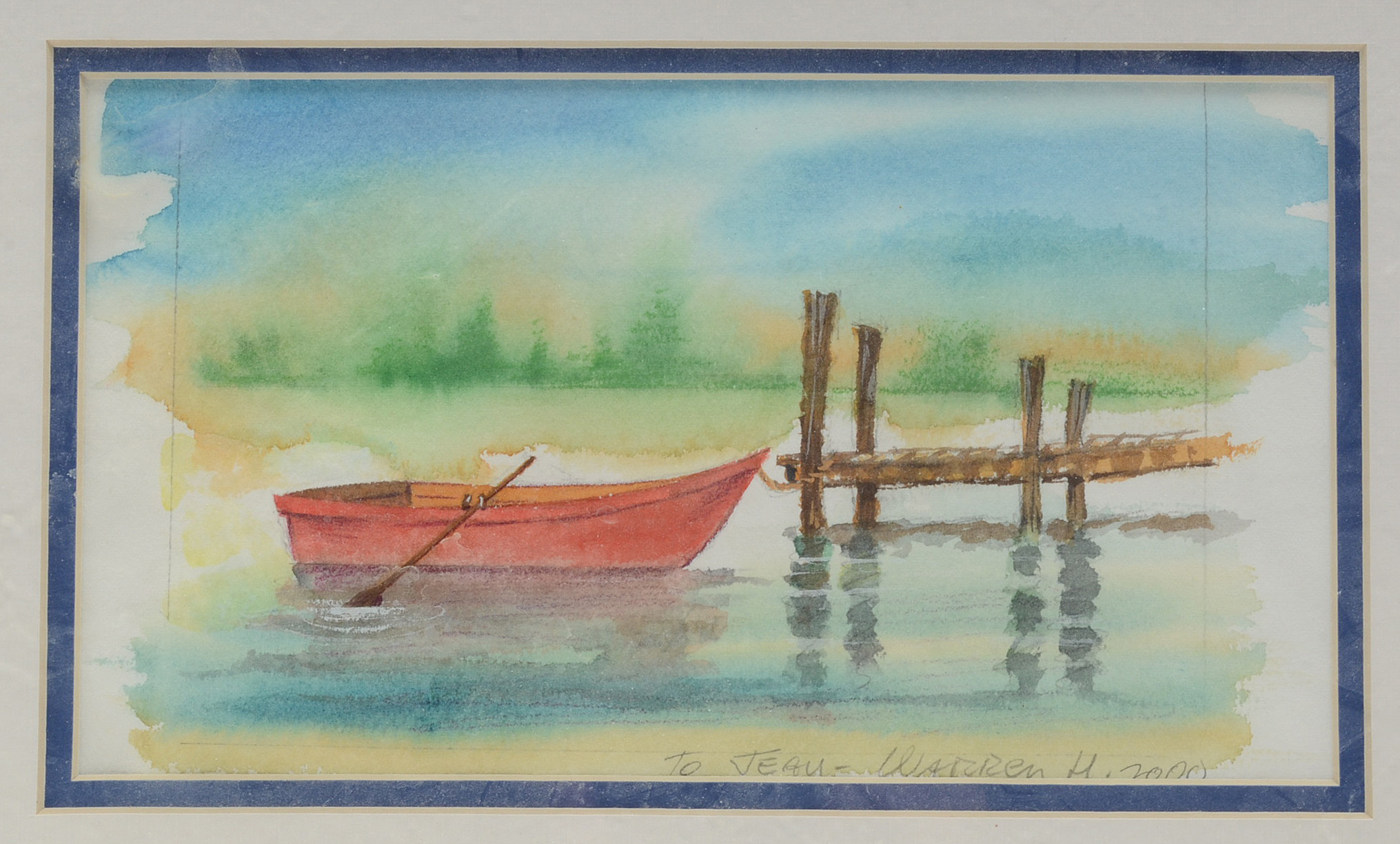 Original 2003 Watercolor Illustration of Lake Scene and Rowboat