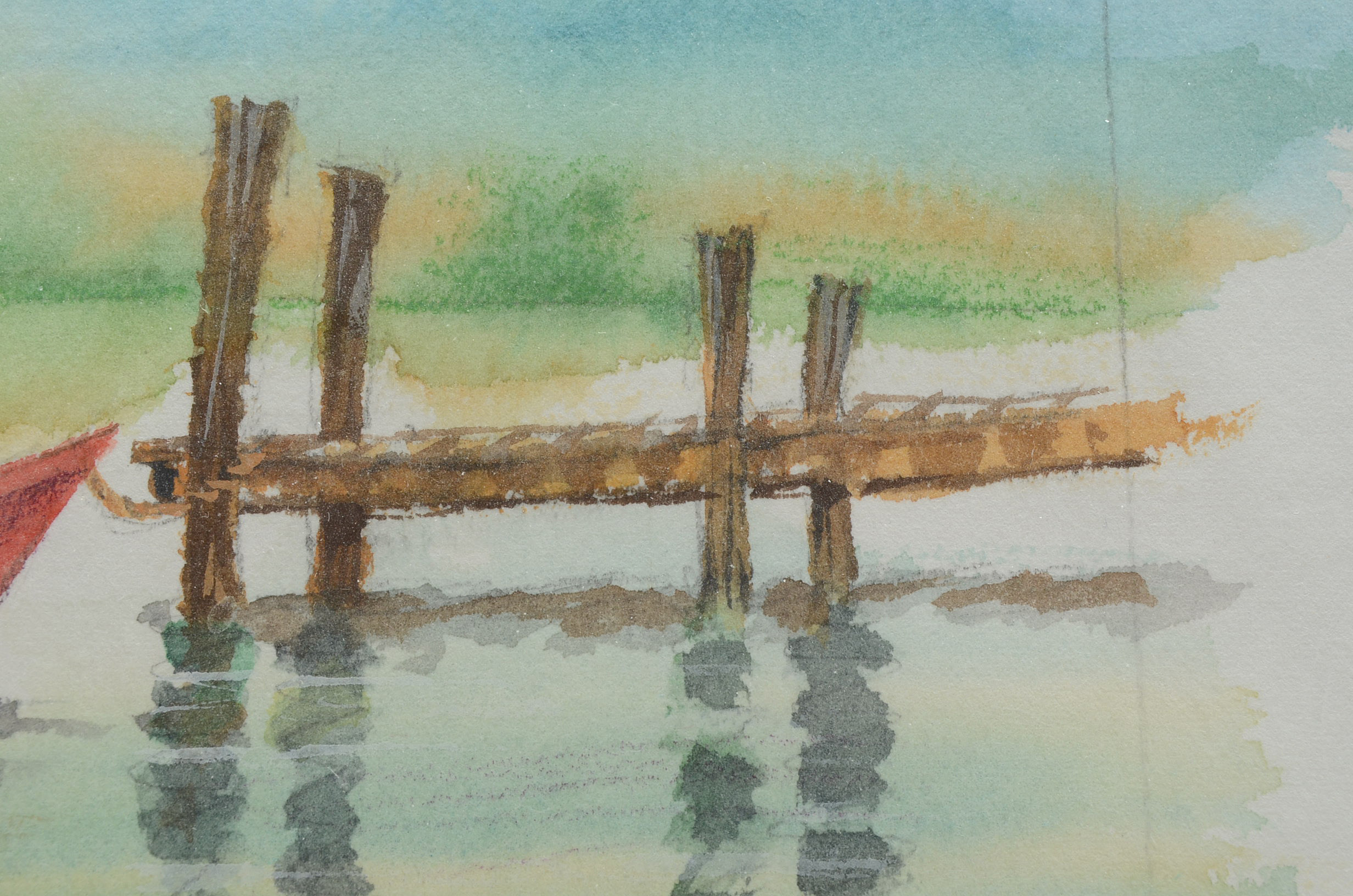 Original 2003 Watercolor Illustration of Lake Scene and Rowboat