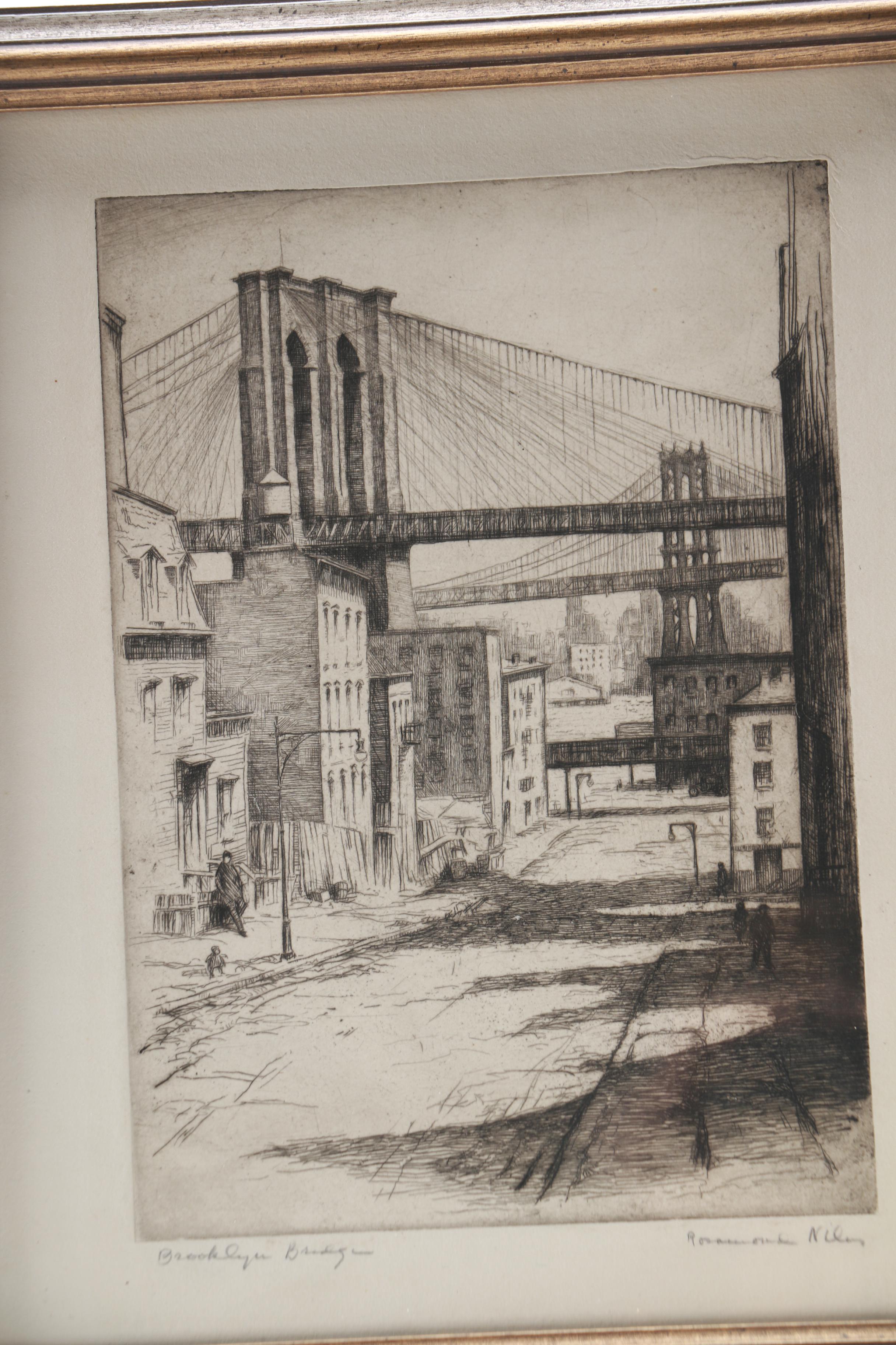 Vintage Rosamund Niles Drypoint Etching "Brooklyn Bridge"