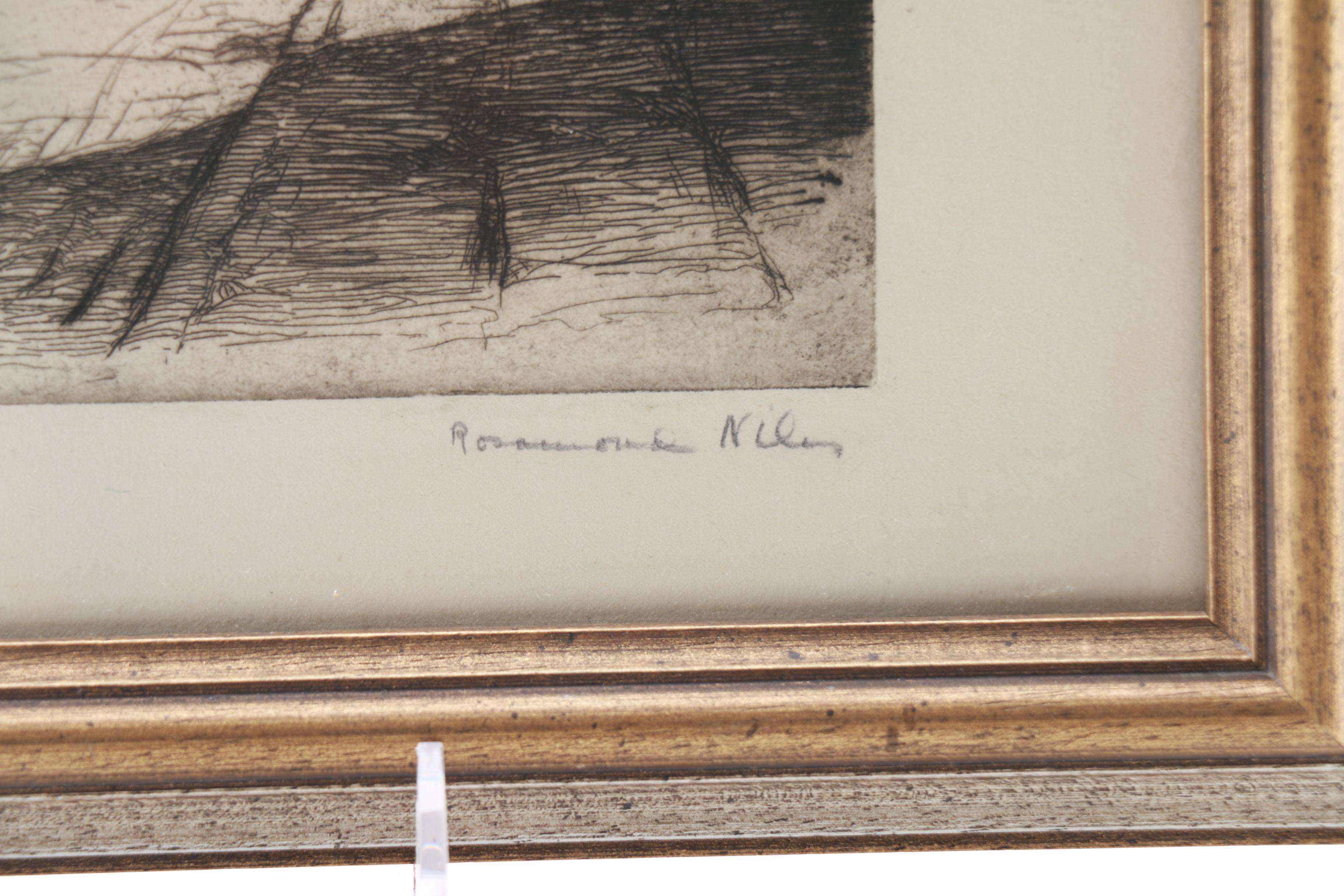 Vintage Rosamund Niles Drypoint Etching "Brooklyn Bridge"