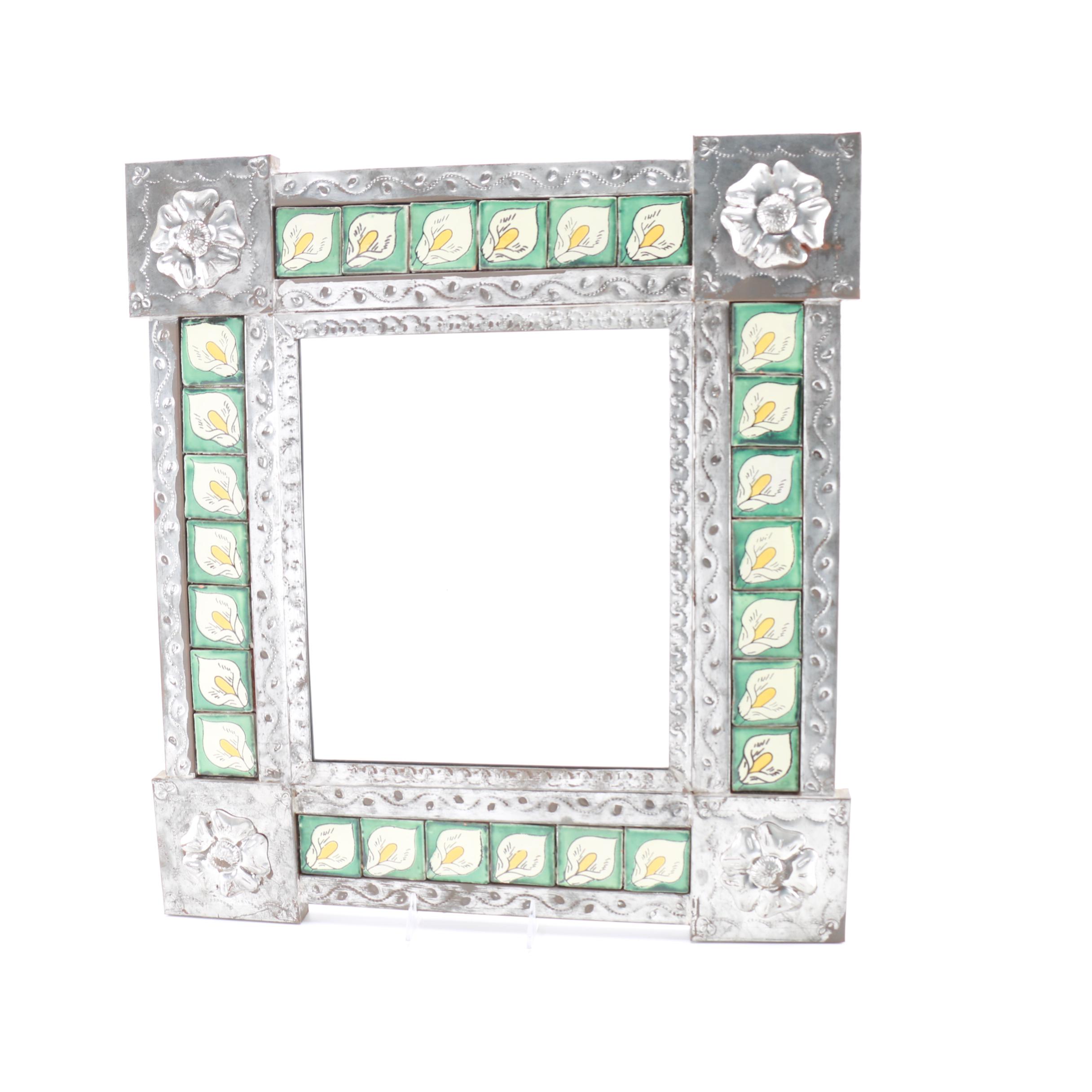 Hammered Metal and Hand-Painted Tile Frame Mirror
