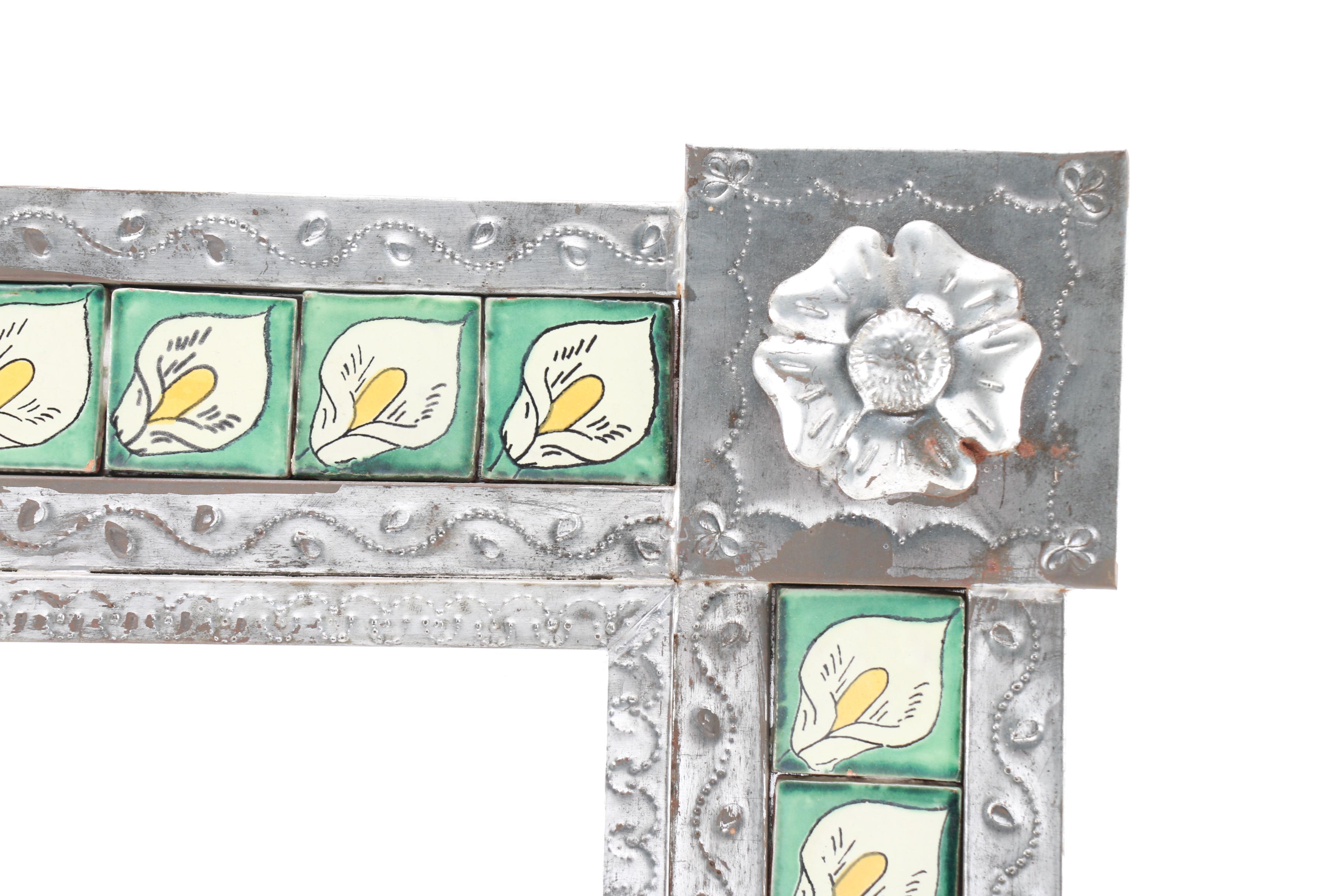 Hammered Metal and Hand-Painted Tile Frame Mirror