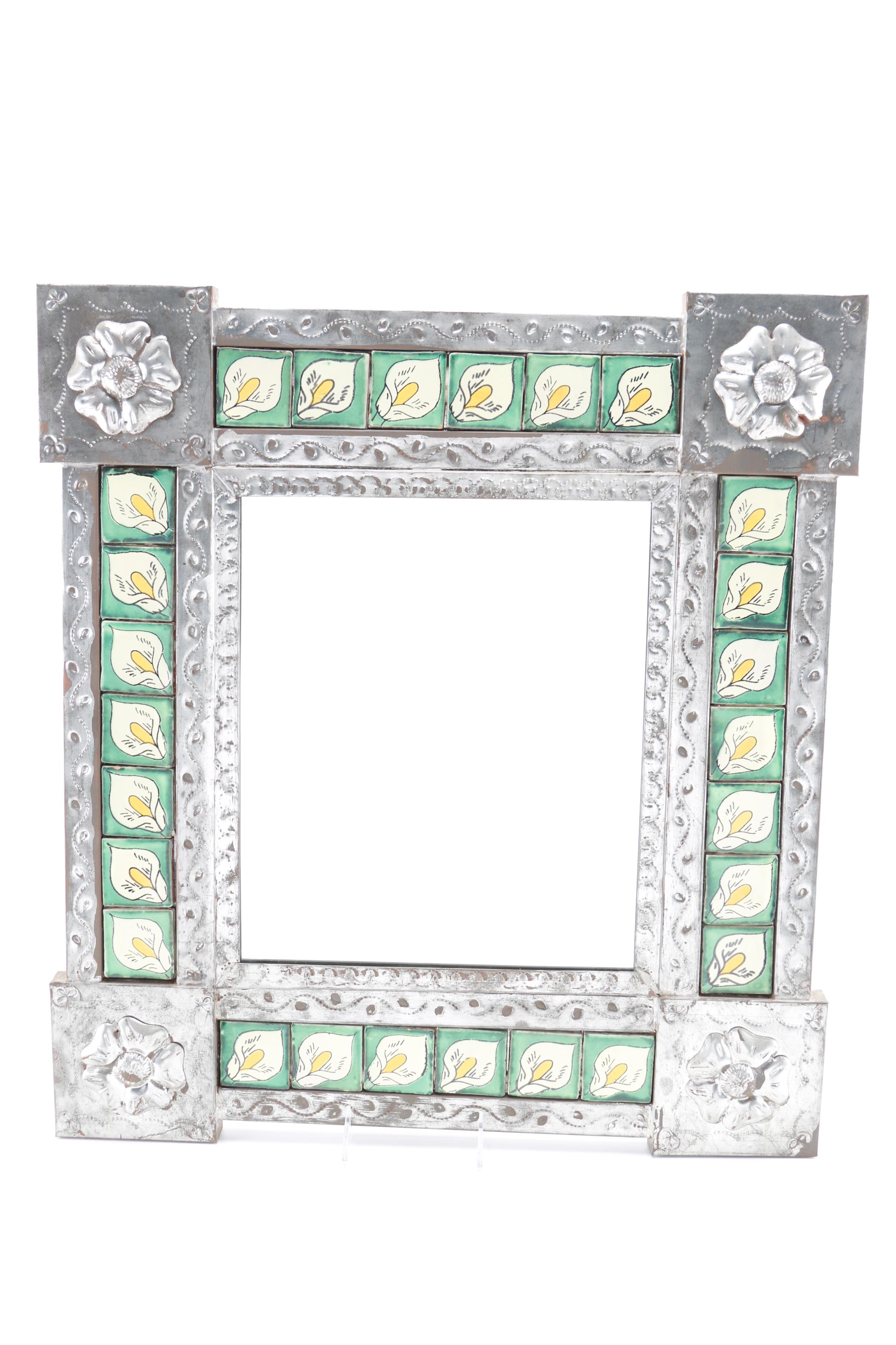 Hammered Metal and Hand-Painted Tile Frame Mirror
