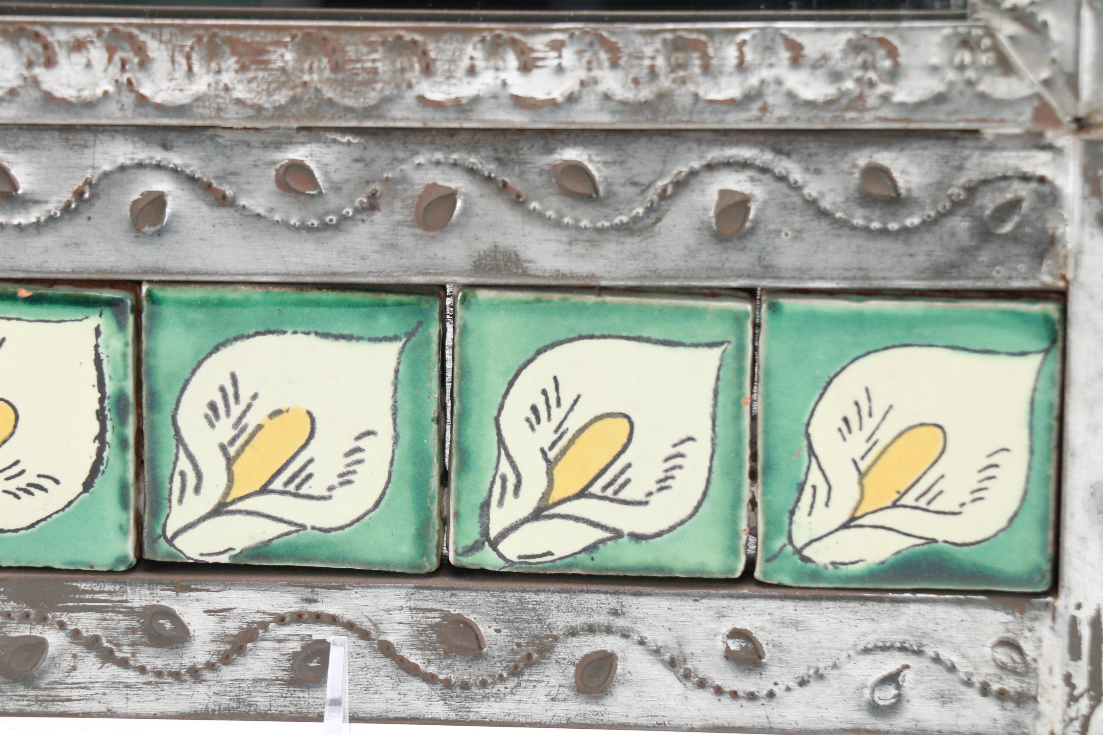 Hammered Metal and Hand-Painted Tile Frame Mirror