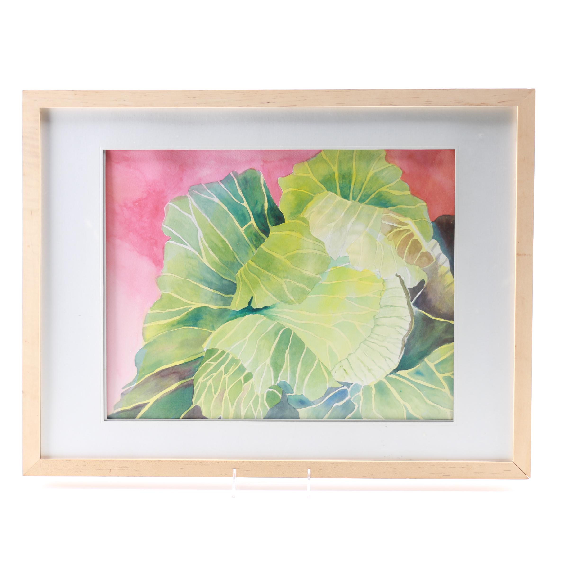 Original Watercolor on Woven Paper of Cabbage Leaves