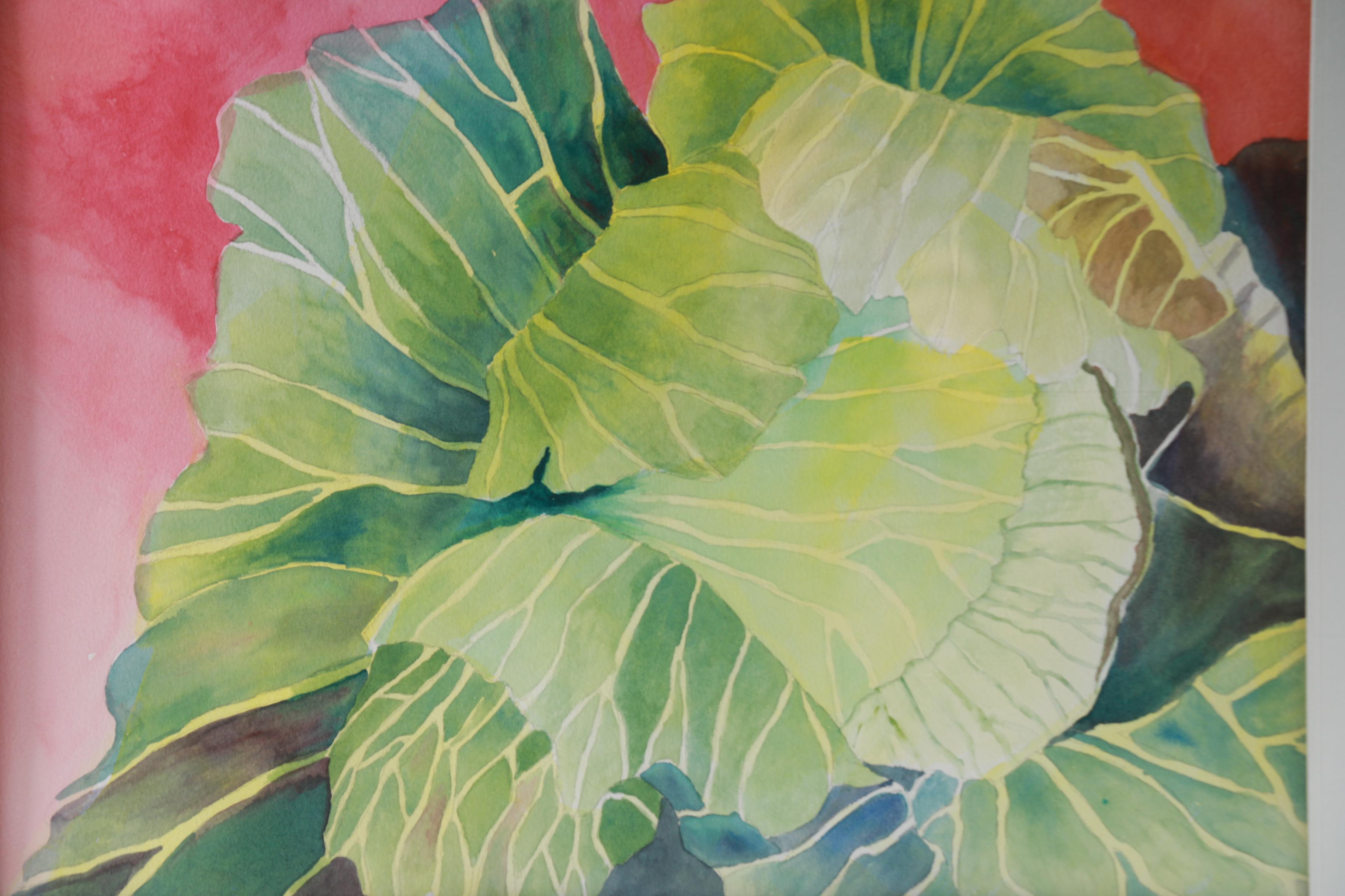 Original Watercolor on Woven Paper of Cabbage Leaves