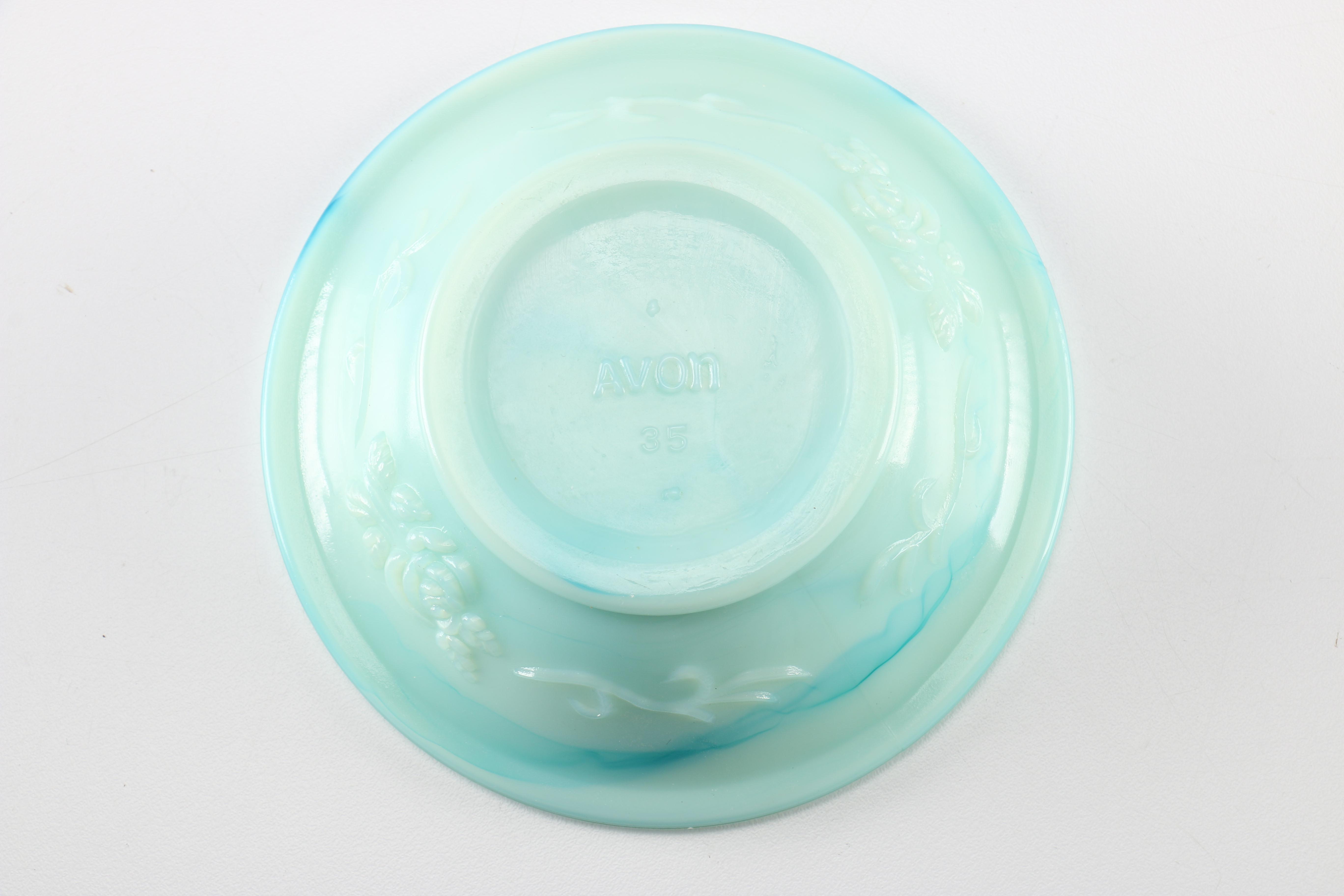 Circa 1970s Avon Moonwind Foaming Bath Oil Jadeite Glass Pitcher and Bowl