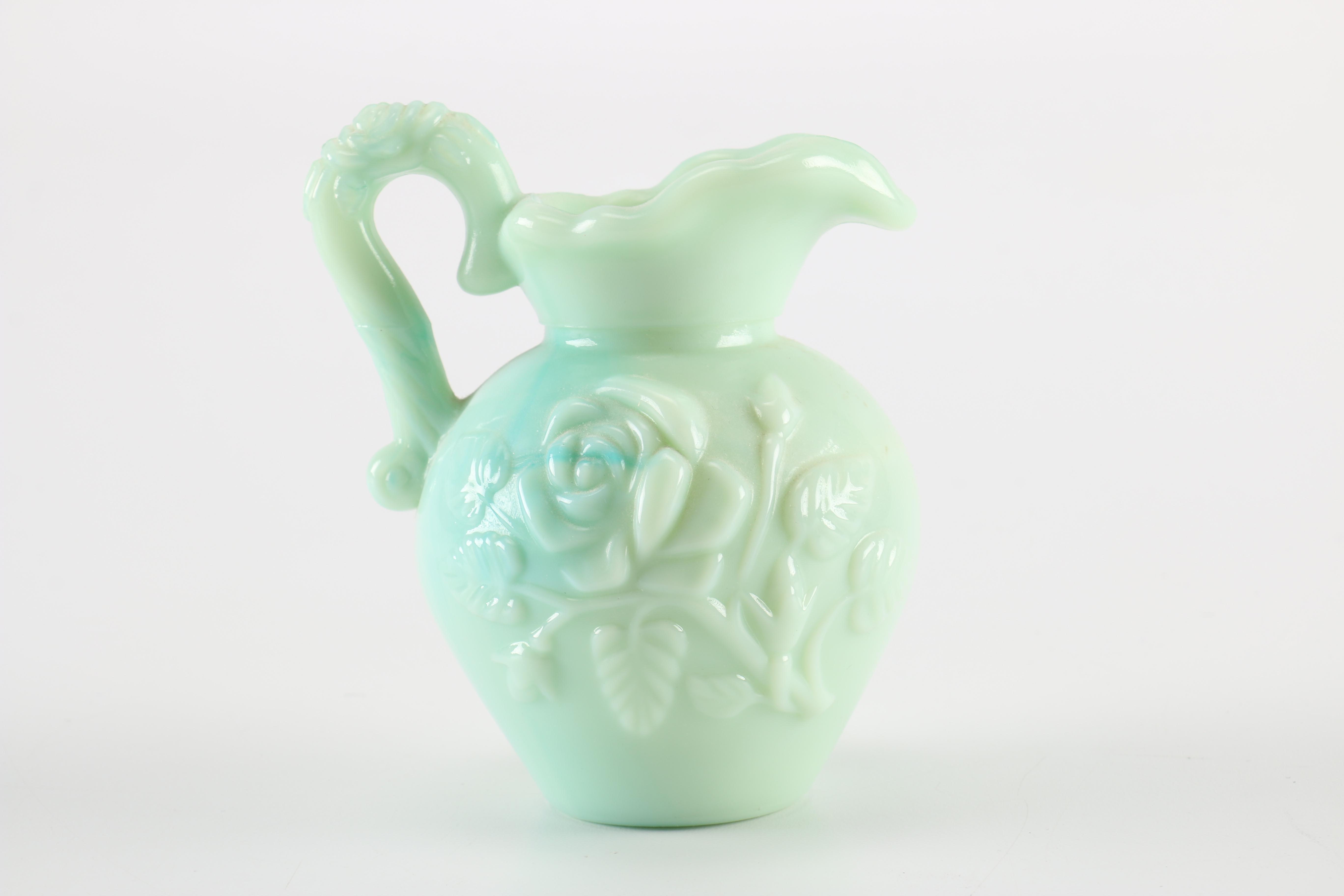 Circa 1970s Avon Moonwind Foaming Bath Oil Jadeite Glass Pitcher and Bowl
